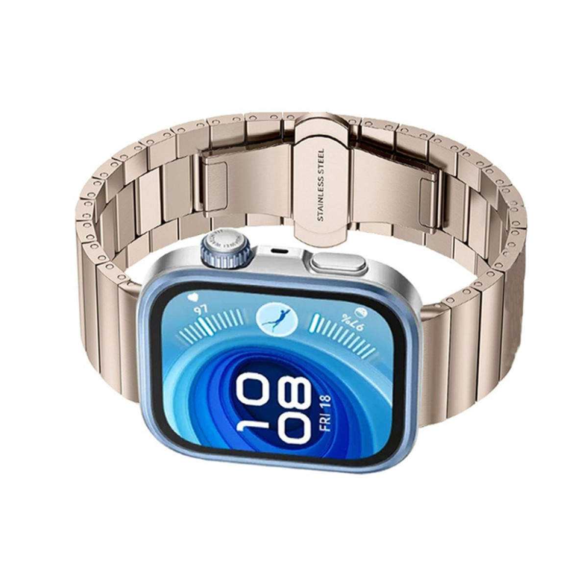 Eine goldene Smartwatch mit blauem Bildschirm zeigt die Uhrzeit und das Datum an, mit goldenem Metallband.