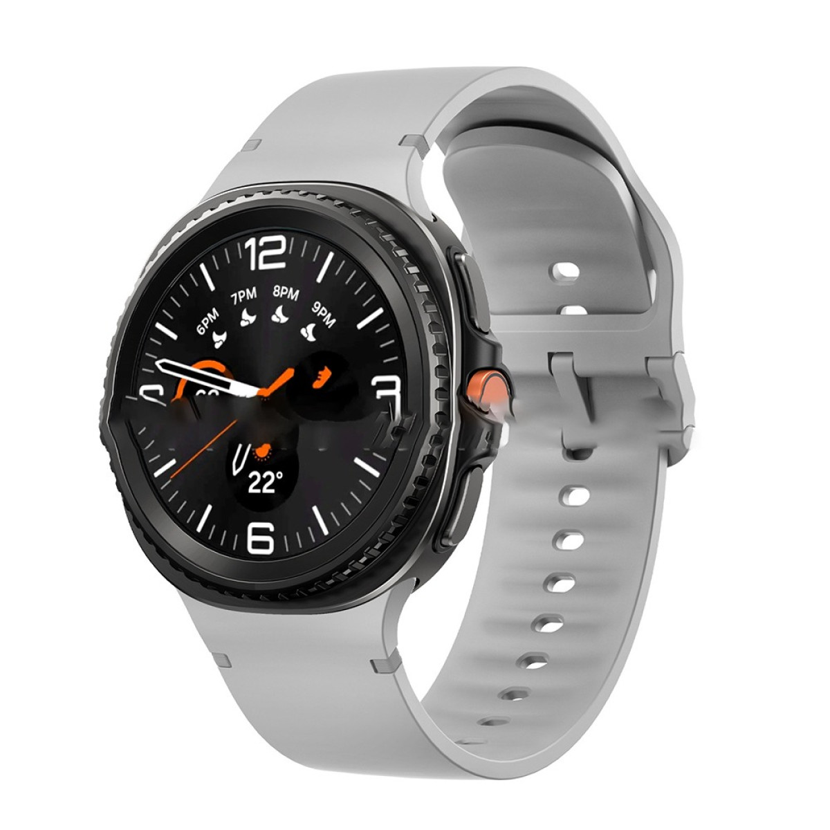 Eine graue Smartwatch mit schwarzem Zifferblatt und grauem Armband. Die Uhr zeigt Zeit und weitere Infos.
