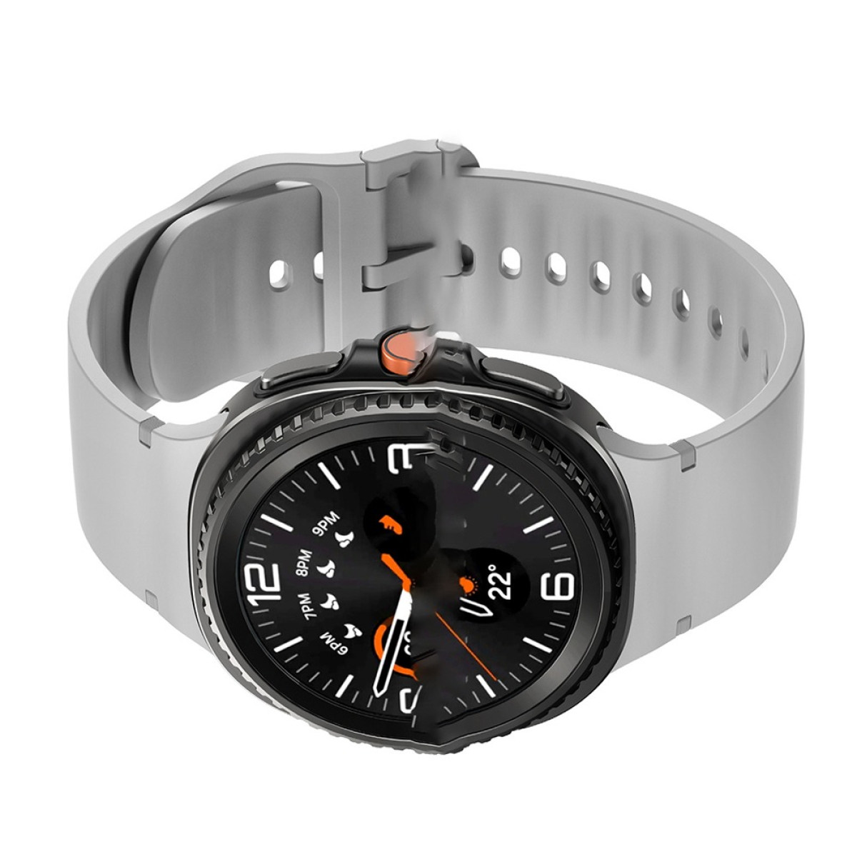 Eine graue Smartwatch mit schwarzem Zifferblatt und grauem Armband. Die Uhr zeigt Zeit und weitere Infos.