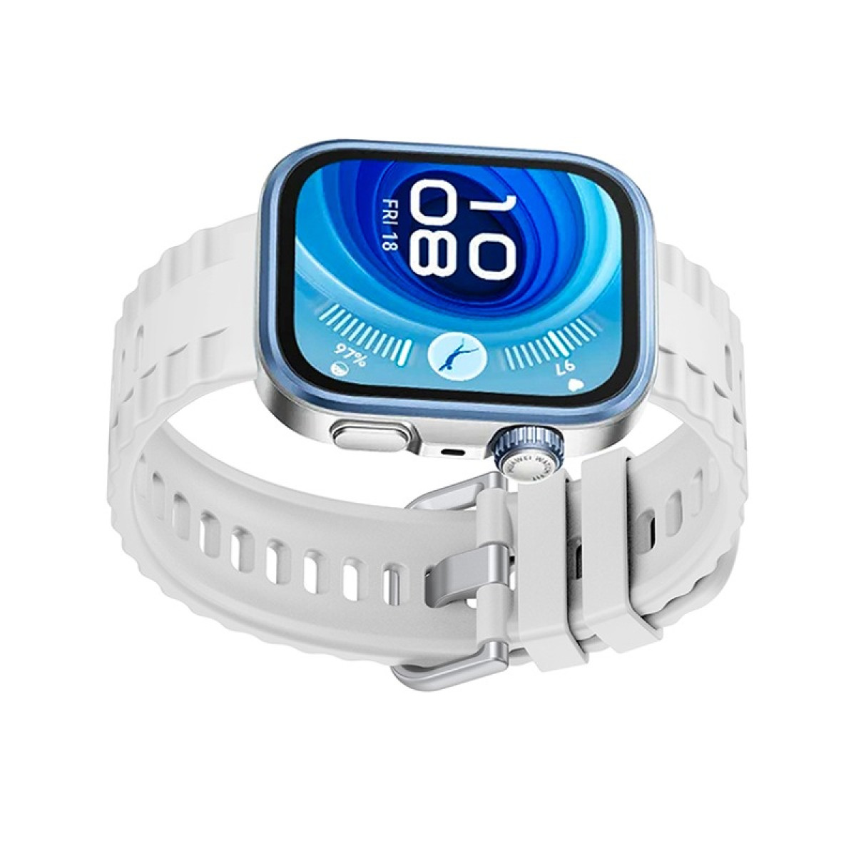 Weiße Smartwatch mit weißem Armband. Der Bildschirm zeigt Datum und Uhrzeit.