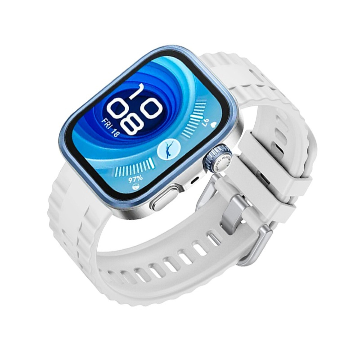 Weiße Smartwatch mit weißem Armband. Der Bildschirm zeigt Datum und Uhrzeit.