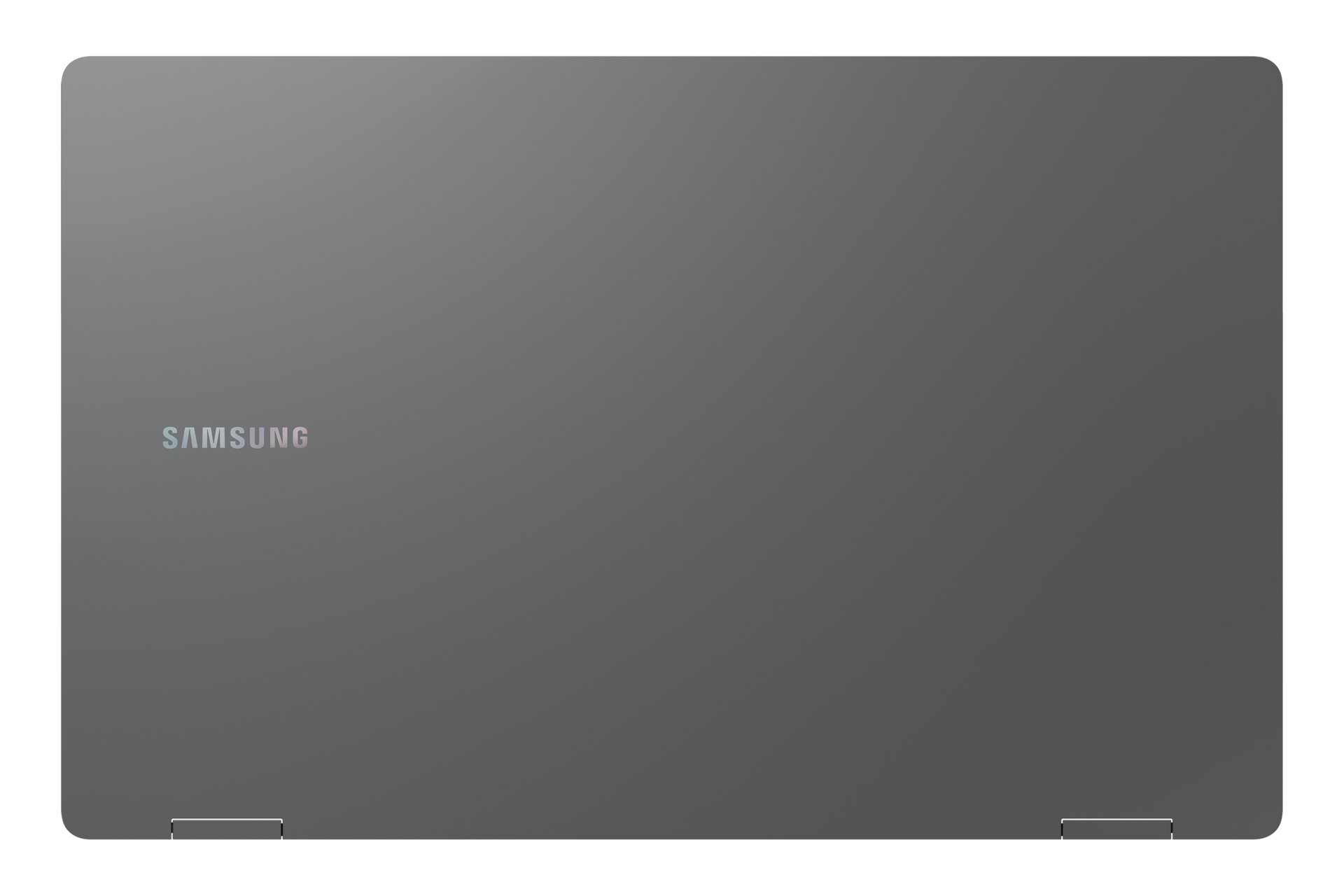 Geschlossener grauer Samsung Galaxy Book5 360 Laptop. Das Samsung-Logo ist sichtbar.