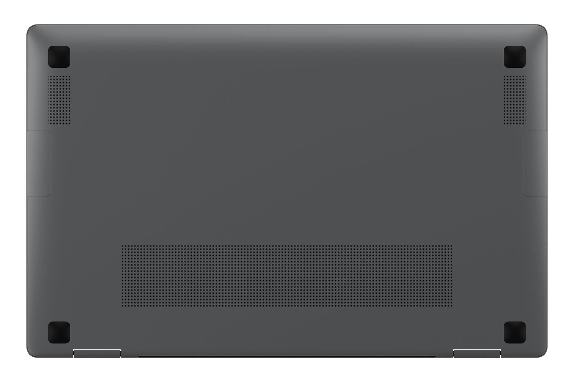 Unteransicht eines grauen Samsung Galaxy Book5 360 Laptops. Zeigt Lüfter und Füße.