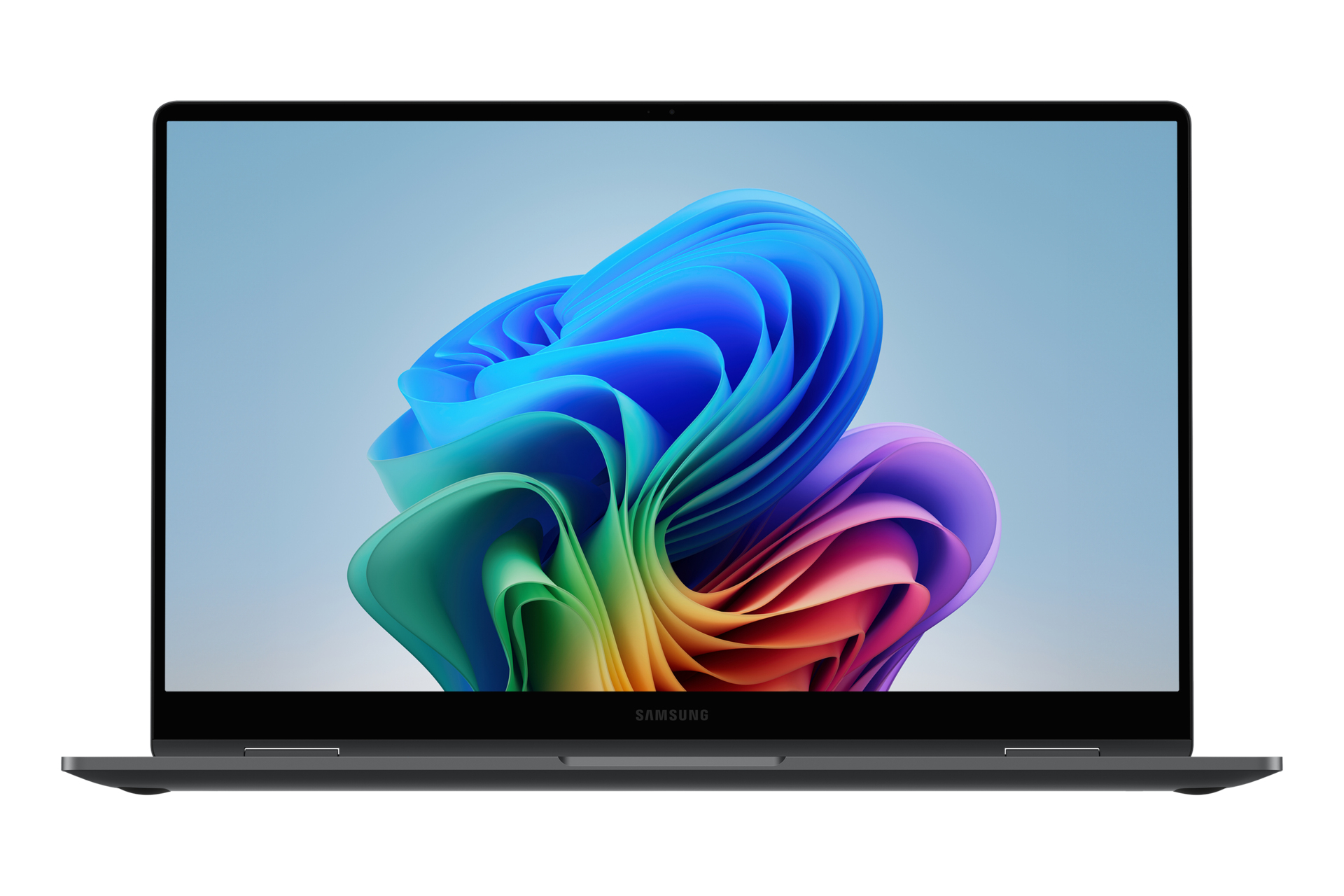 Szary laptop Samsung wyświetla kolorową abstrakcyjną tapetę na ekranie na białym tle.