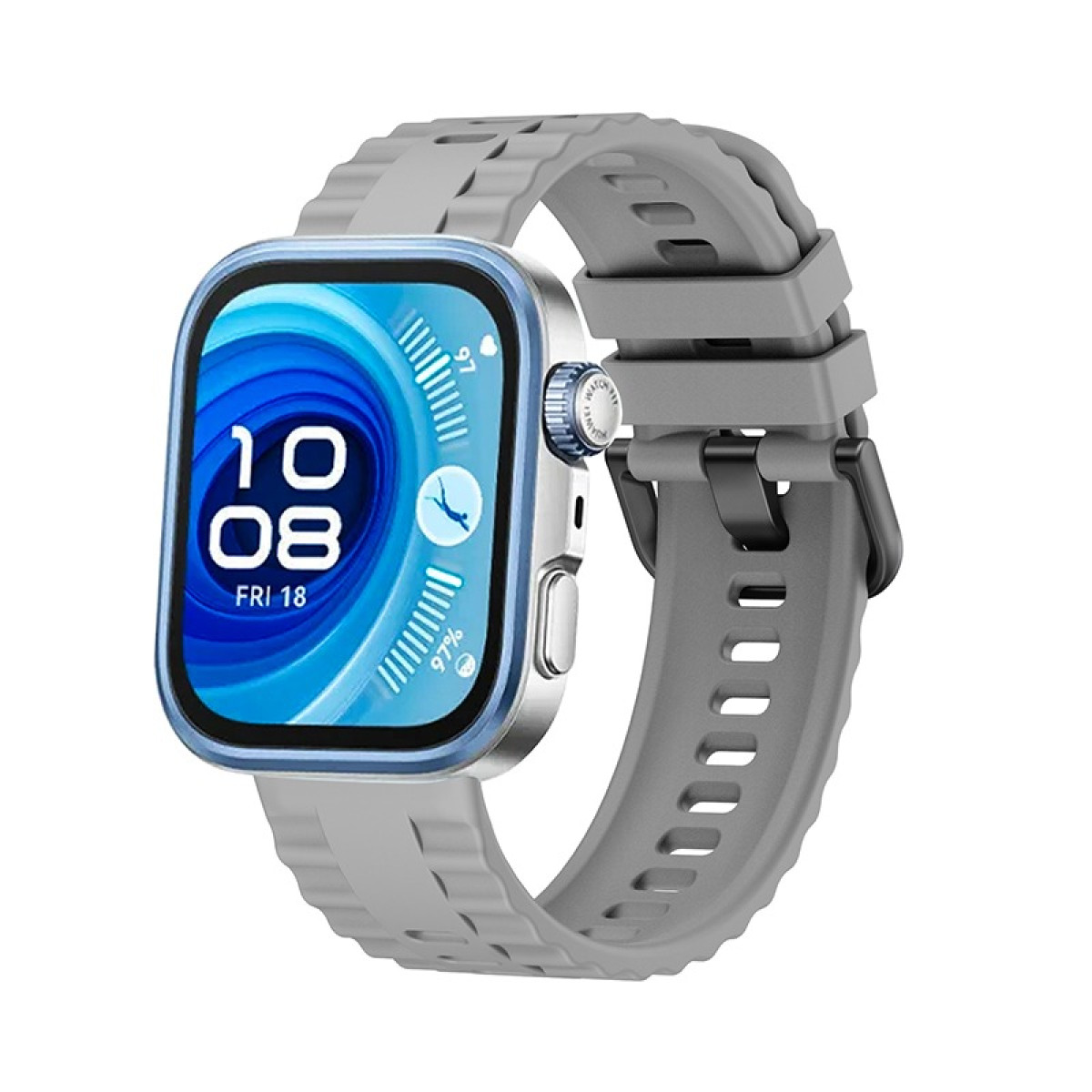 Smartwatch con cinturino grigio, mostra ora e dati fitness.