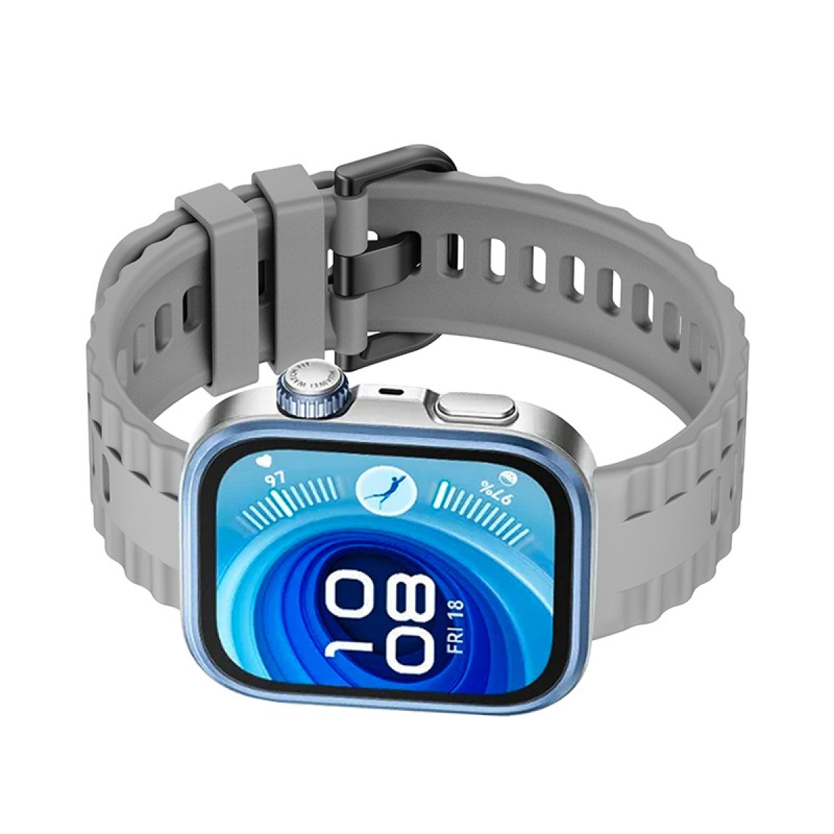 Smartwatch con cinturino grigio, mostra ora e informazioni fitness.
