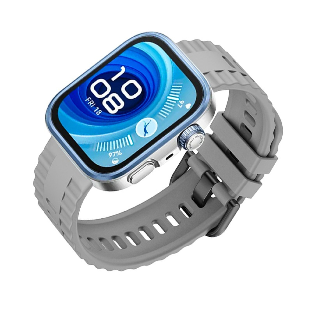 Smartwatch con cinturino grigio, mostra ora e dati fitness sullo schermo.