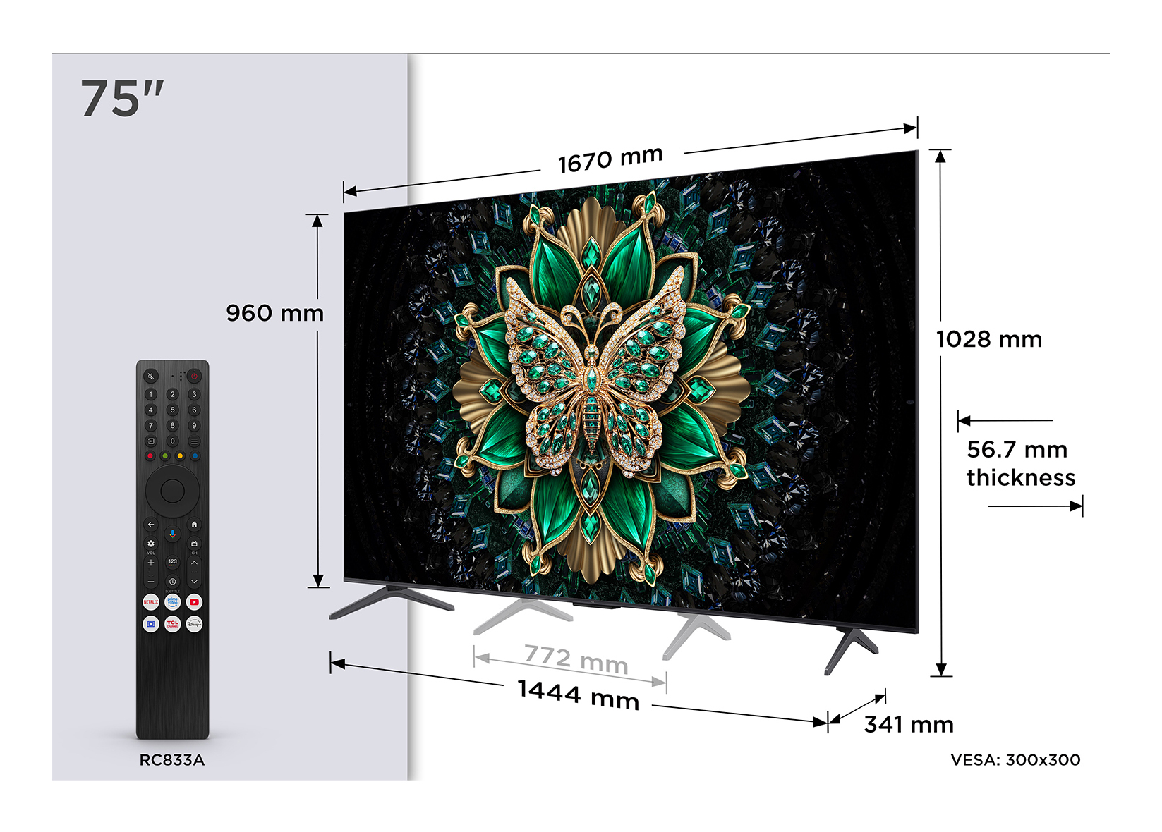 Un televisor de 75" con diseño decorativo de mariposa. Incluye mando a distancia, dimensiones y especificaciones.