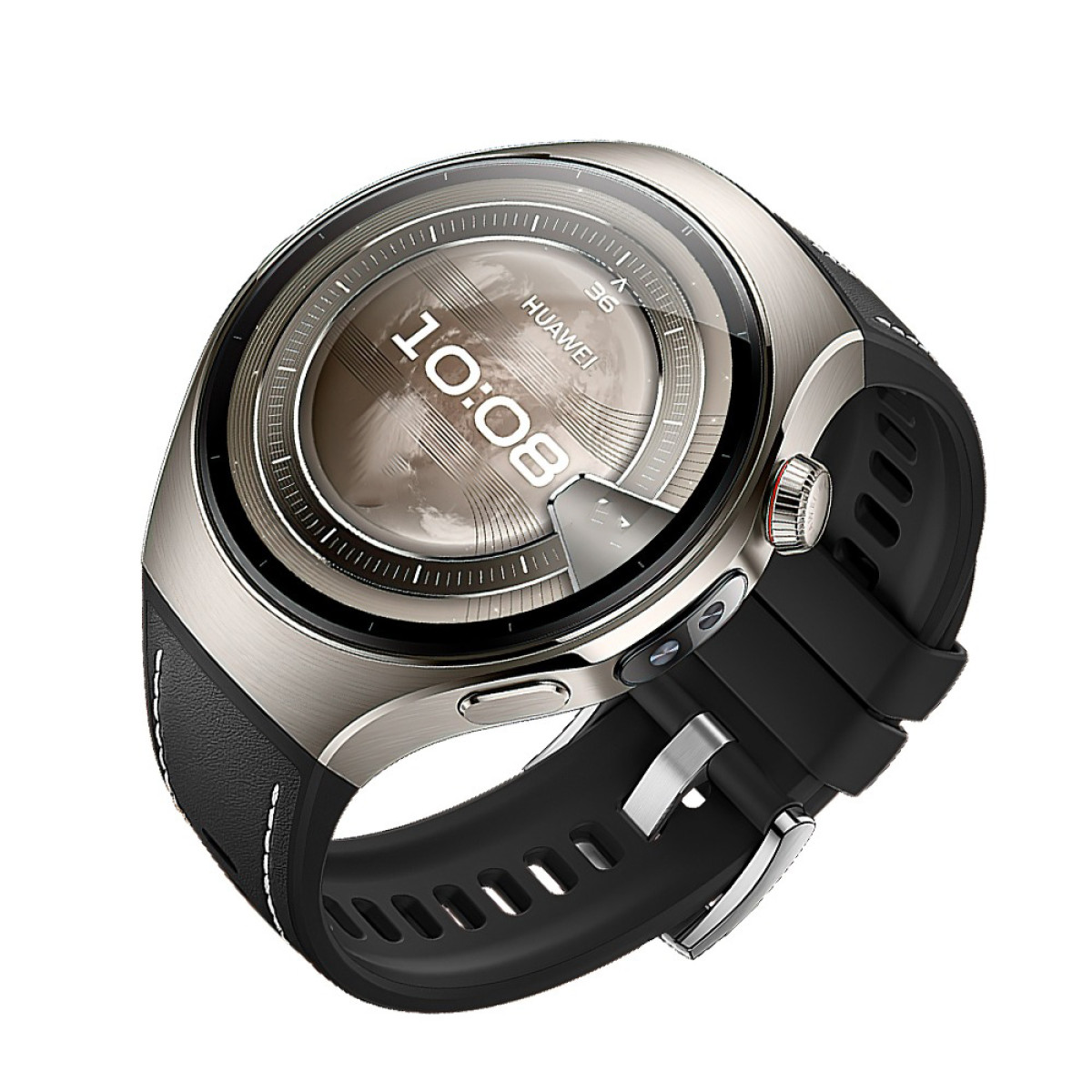 Eine Smartwatch. Silbernes Gehäuse, schwarzes Armband und ein kreisförmiges Display mit der Uhrzeit.