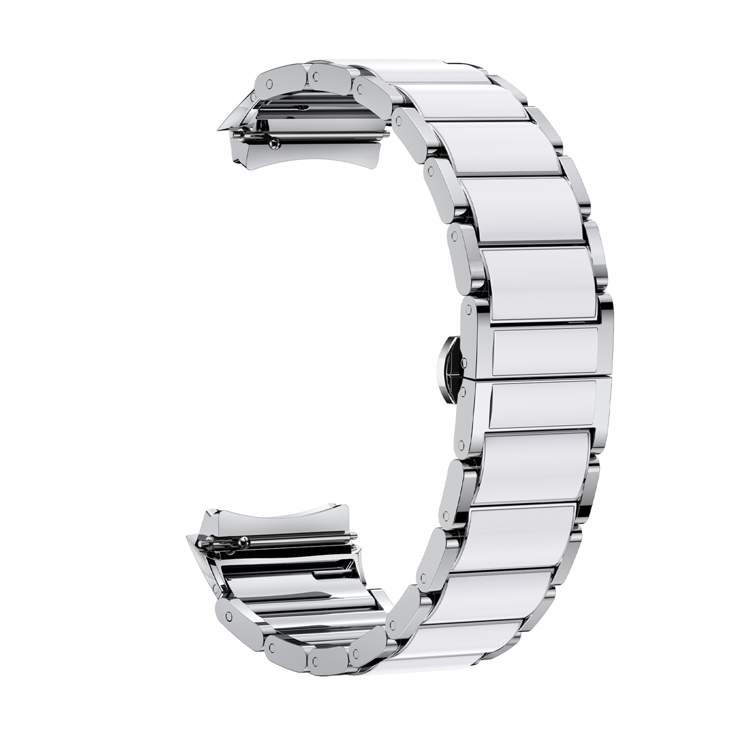 Cinturino per orologio argentato, composto da maglie rettangolari collegate. Sfondo bianco.