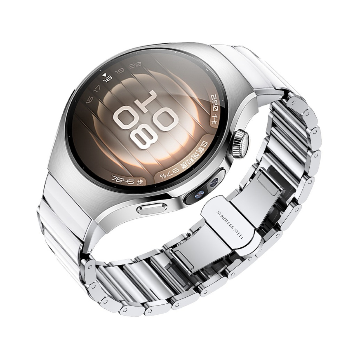 Smartwatch argentato con quadrante rotondo, che mostra l'ora. Cinturino in acciaio inox.