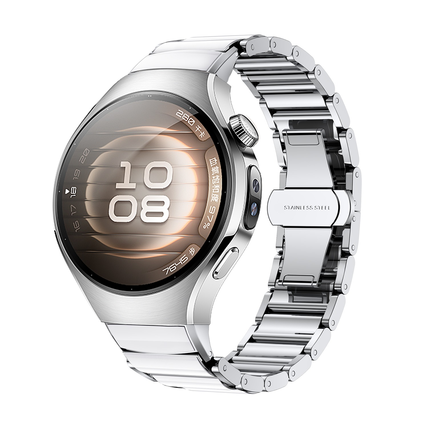 Smartwatch argentato con quadrante rotondo, che mostra l'ora. Cinturino in acciaio inox.