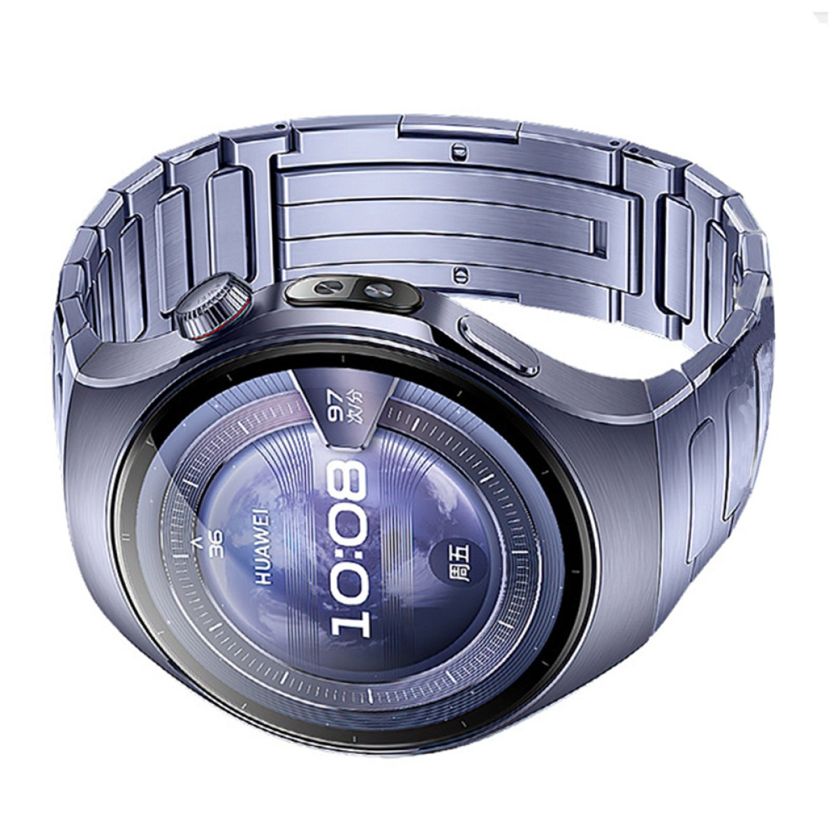 Silberne Smartwatch mit rundem Zifferblatt, zeigt die Uhrzeit. Metallarmband.