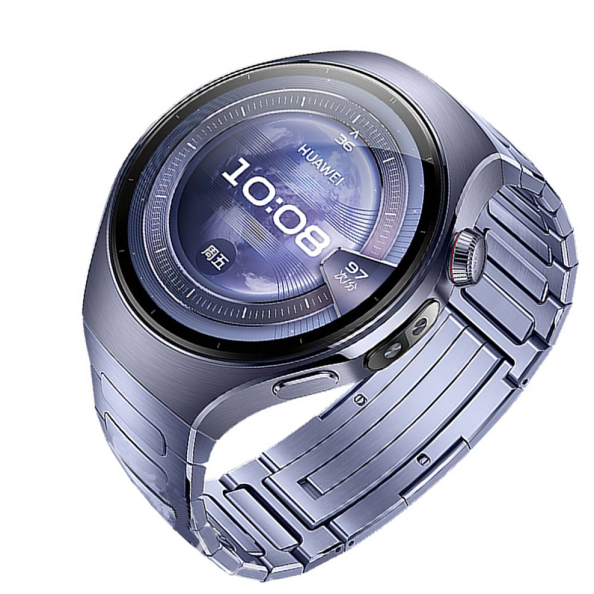 Silberne Smartwatch mit rundem Zifferblatt, zeigt die Uhrzeit. Metallarmband.