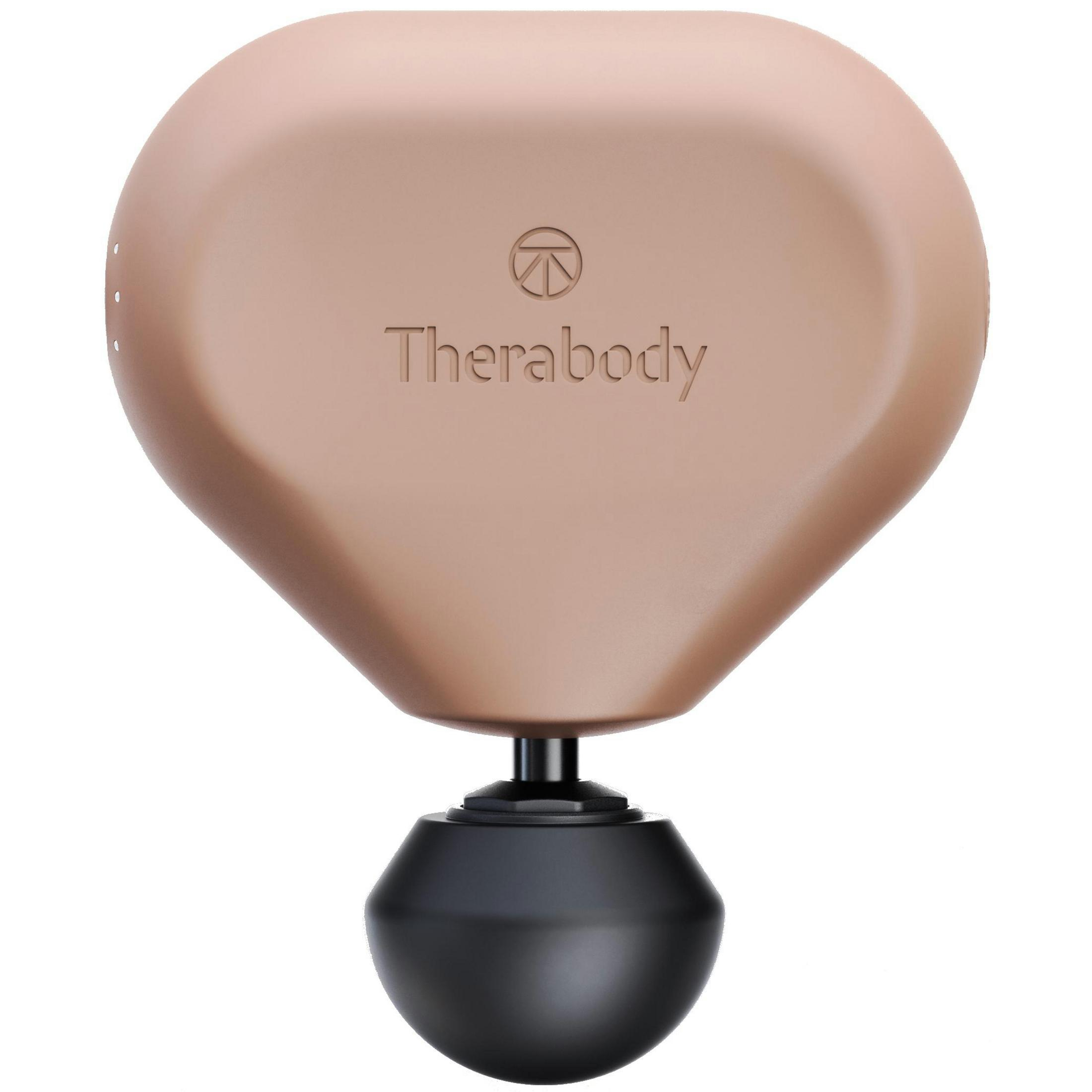 Un dispositivo de masaje Therabody de color canela con un accesorio negro.