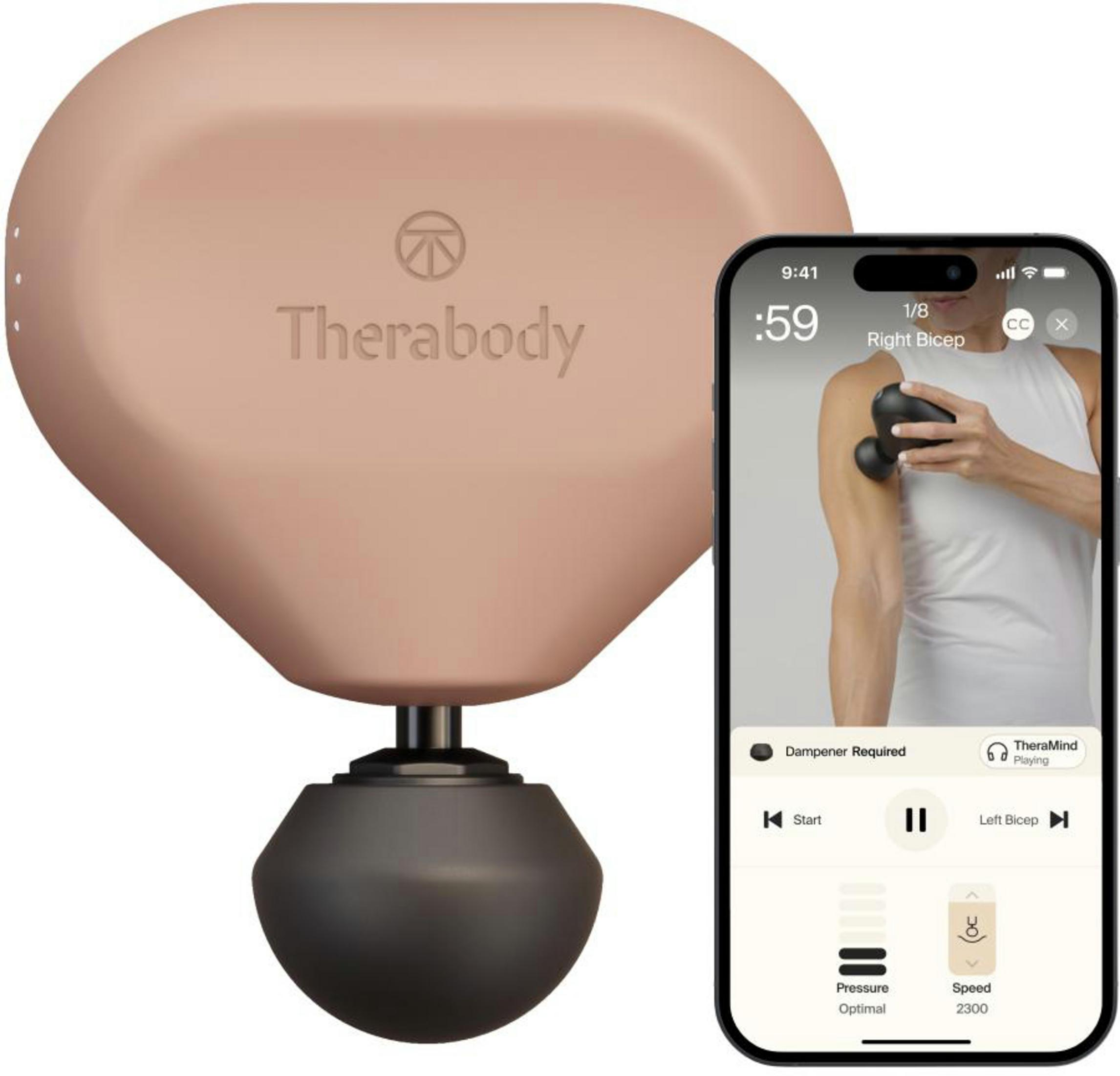 Un dispositivo de masaje Therabody y un teléfono que muestra un brazo siendo masajeado.