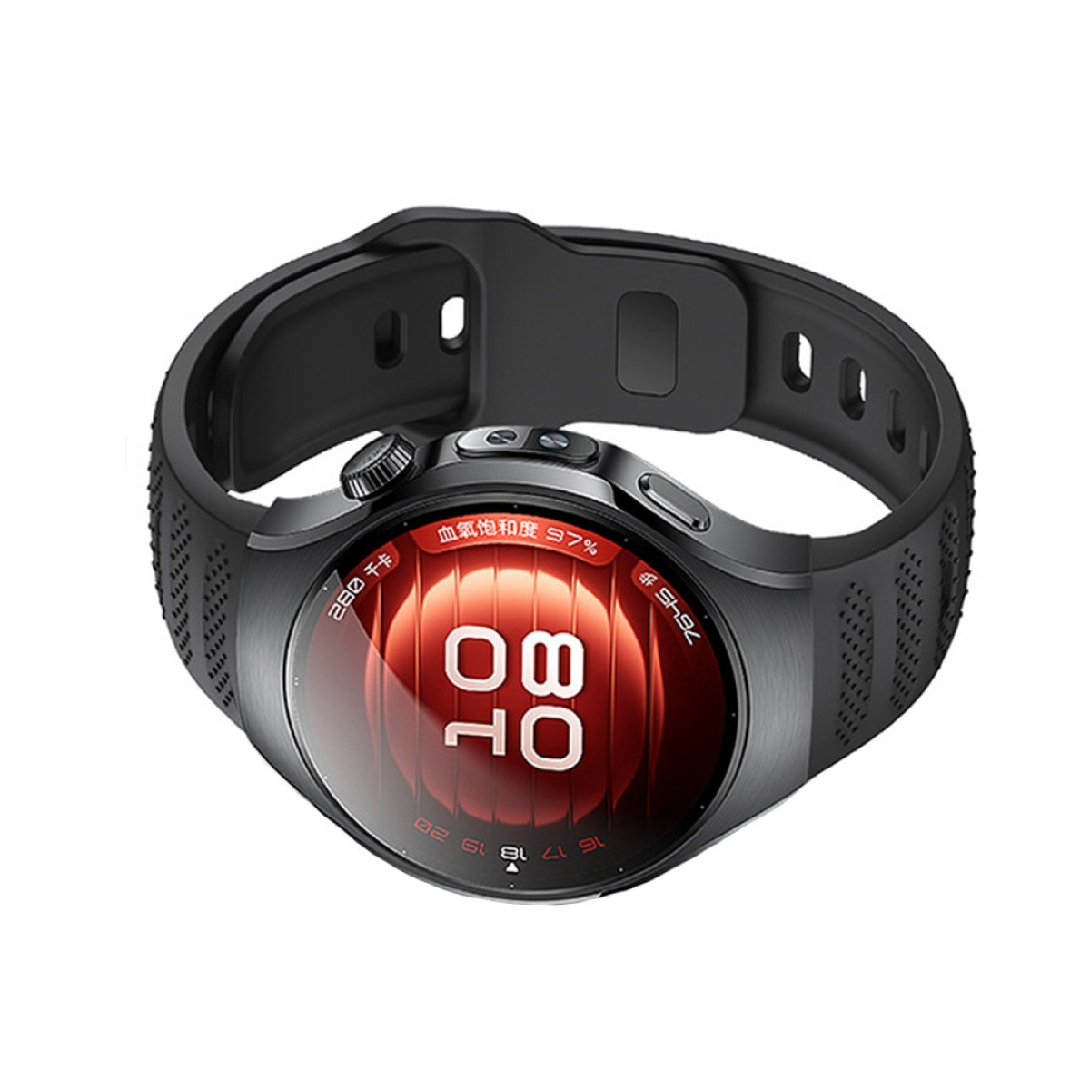 Eine schwarze Smartwatch mit roter Anzeige, die Zeit und Gesundheitsdaten anzeigt. Das Armband ist schwarz. Sie hat schwarze Akzente.
