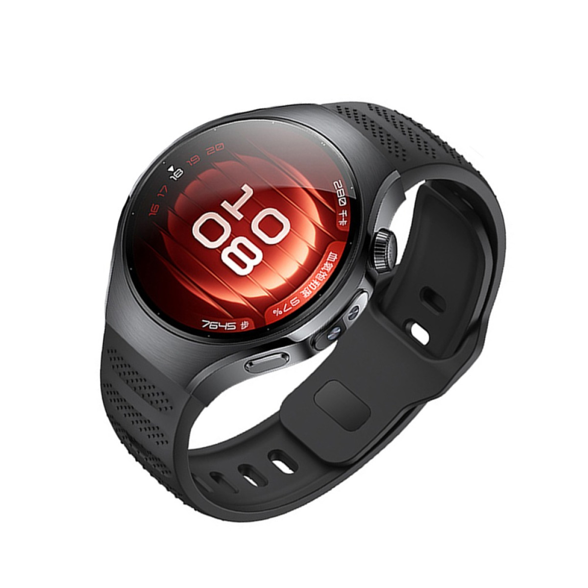 Eine schwarze Smartwatch mit roter Anzeige, die Zeit und Gesundheitsdaten anzeigt. Das Armband ist schwarz. Sie hat schwarze Akzente.