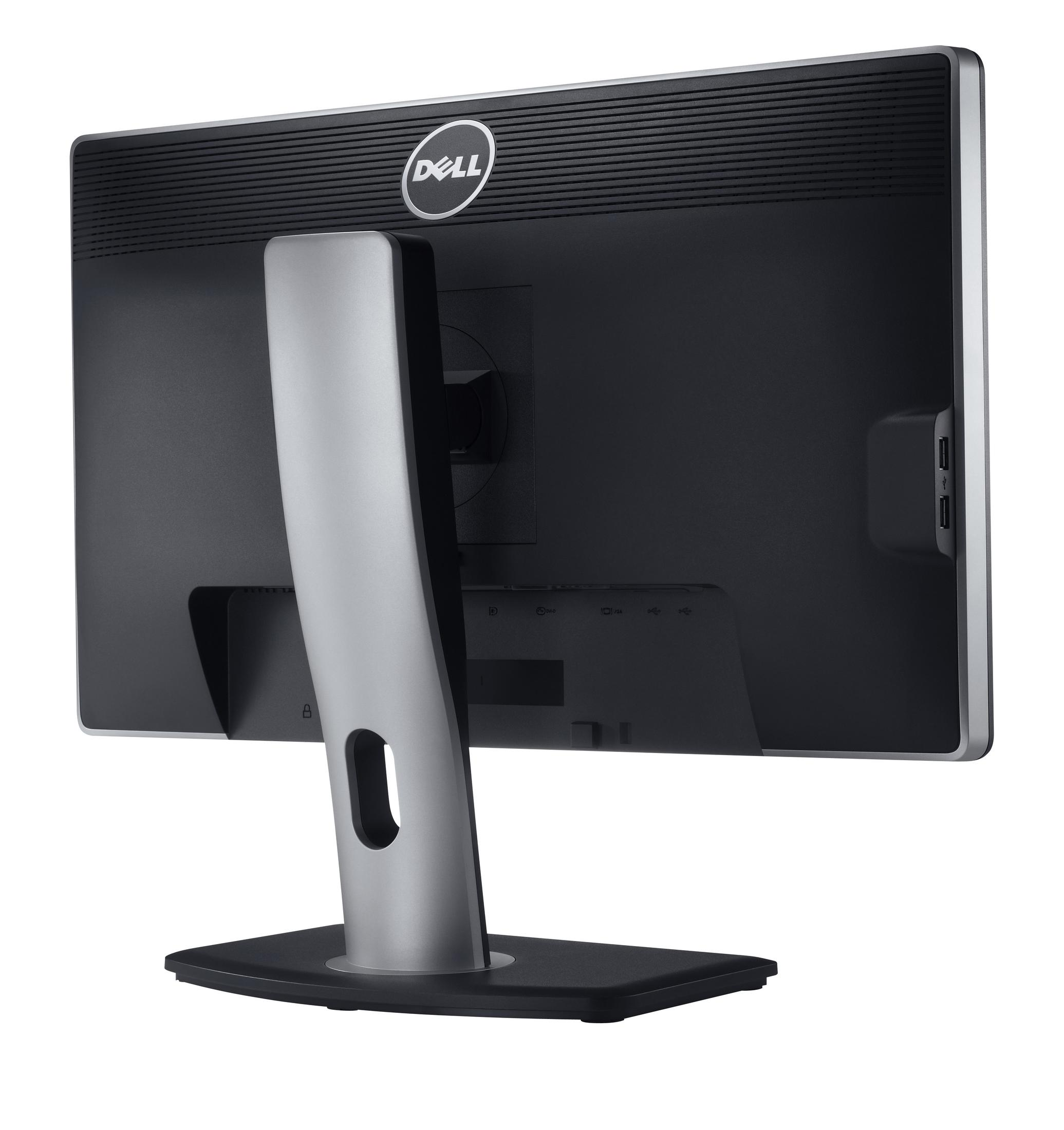 Rückansicht eines schwarz-silbernen Dell-Monitors auf weißem Hintergrund. Das Dell-Logo ist sichtbar.