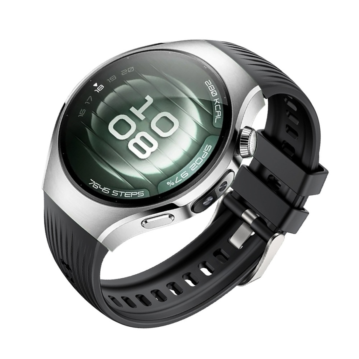Eine Smartwatch mit schwarzem Armband und silbernem Gehäuse. Die Uhr zeigt Zeit, Schritte und Kalorien.