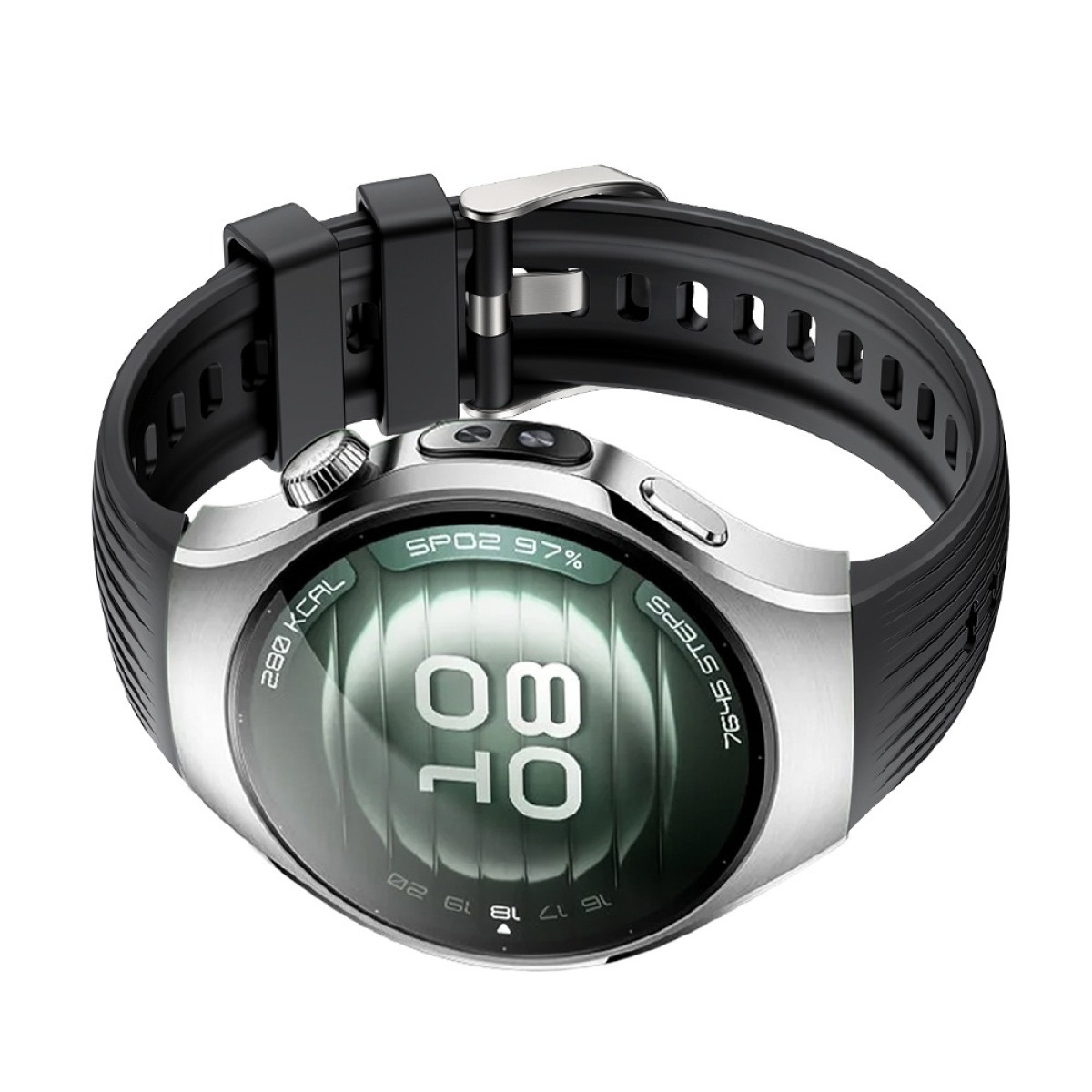 Eine Smartwatch mit schwarzem Armband und silbernem Gehäuse. Die Uhr zeigt Zeit, Schritte und Kalorien.