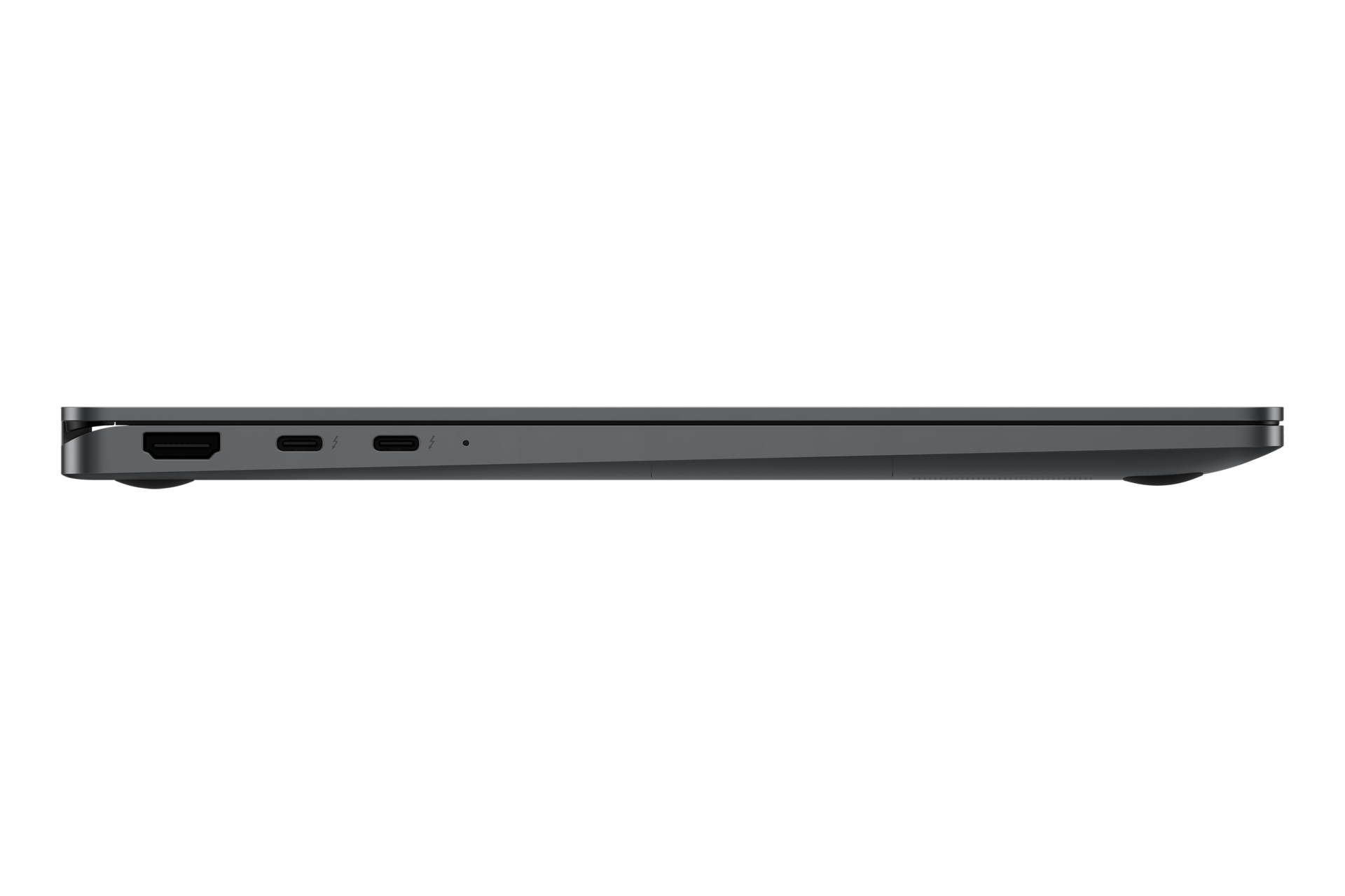 Seitenansicht eines dunklen Laptops mit Anschlüssen. Auf weißem Hintergrund, schlankes Design.