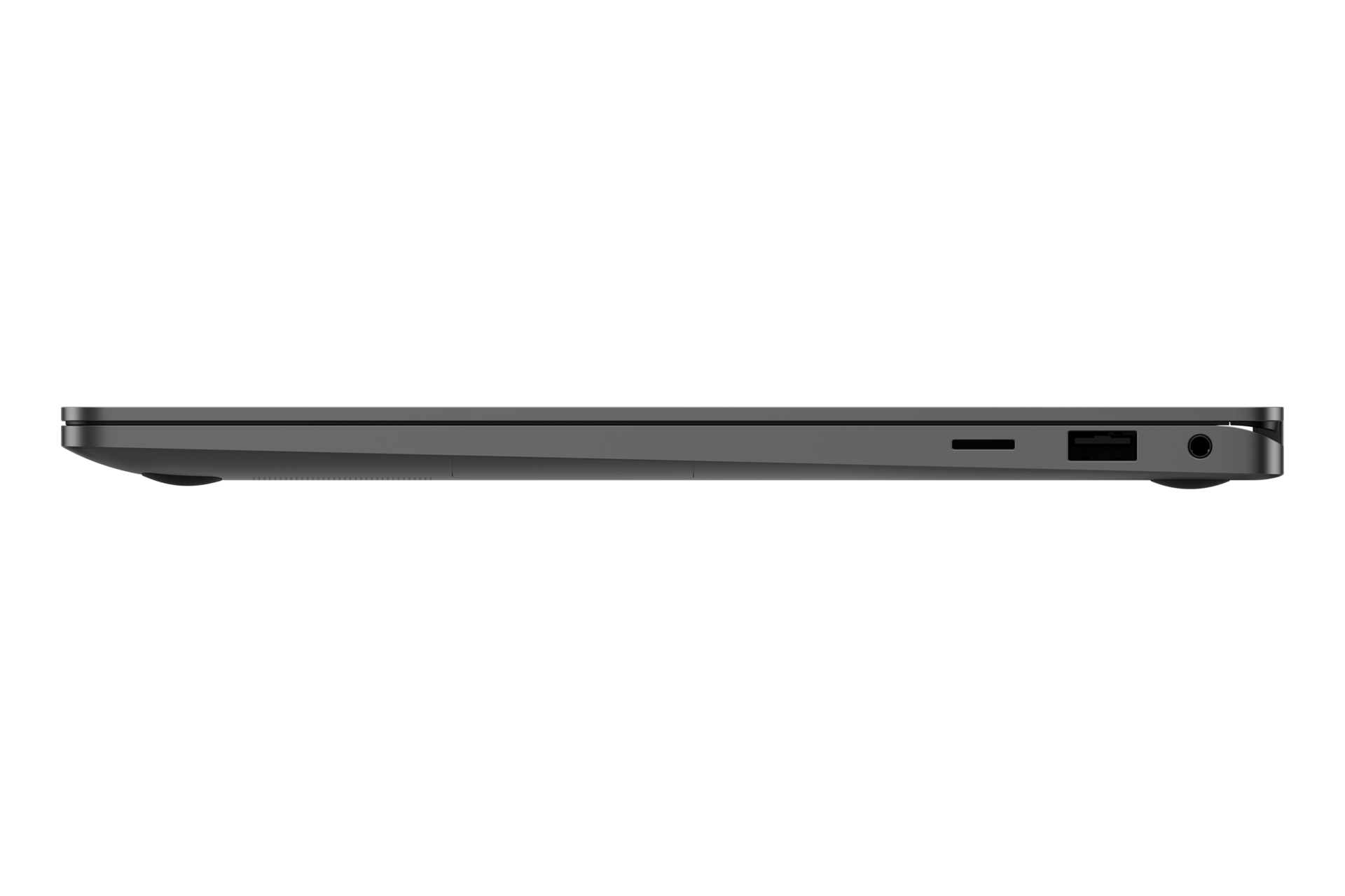 Seitenansicht eines dunklen Laptops mit Anschlüssen. Auf weißem Hintergrund, schlankes Design.