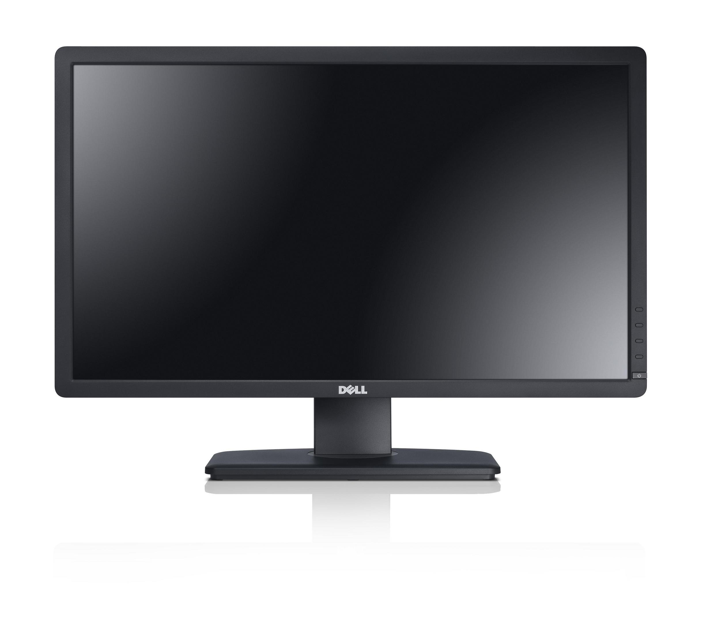 Schwarzer Dell-Monitor, Vorderansicht. Der Bildschirm ist dunkel, mit dem DELL-Logo unten, weißer Hintergrund.