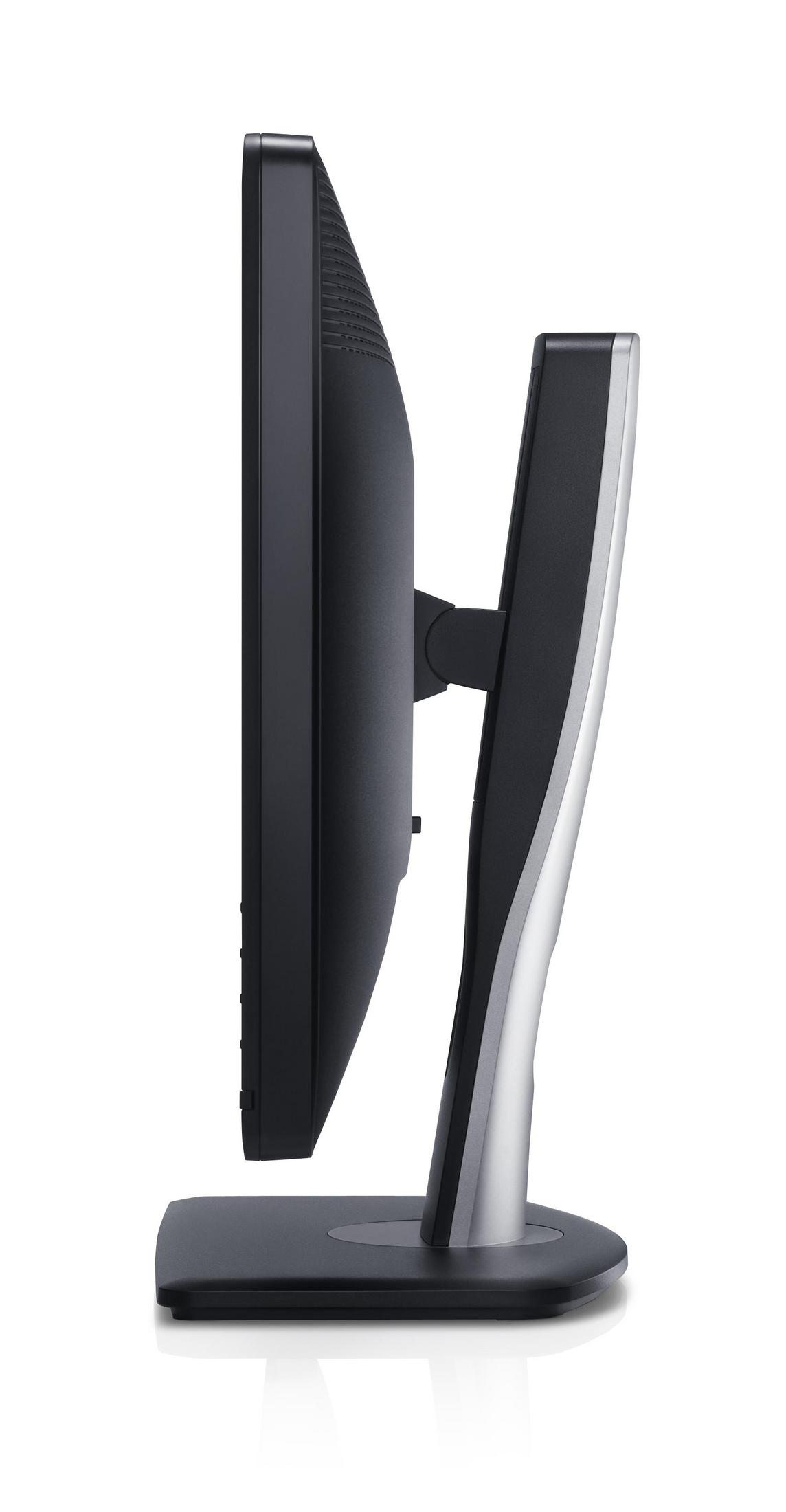 Dell-Monitor, Seitenansicht. Der Bildschirm ist dunkel, mit einem Ständer. Der Ständer ist silber, der Rahmen ist schwarz.