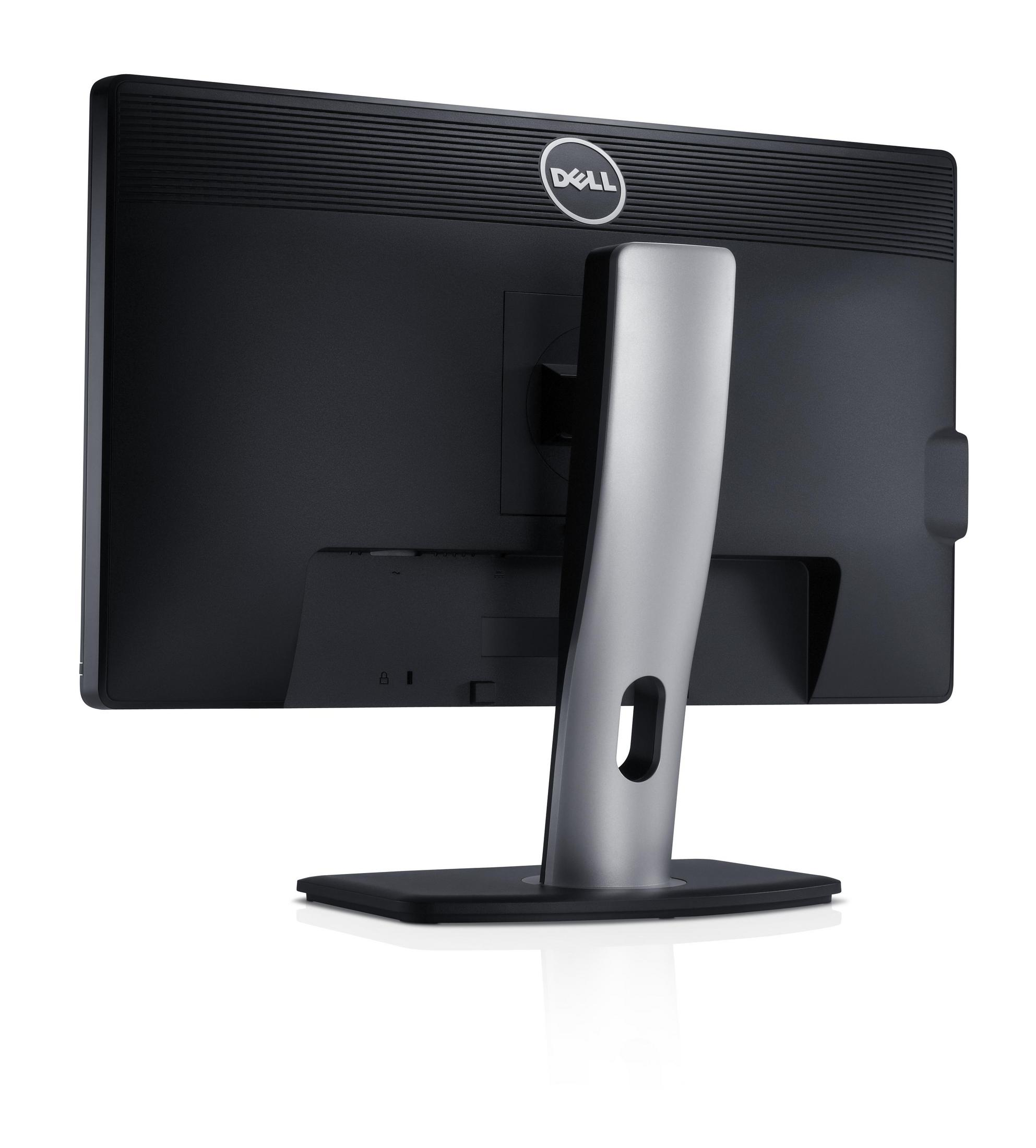 Dell-Monitor, Rückansicht. Die Rückseite ist schwarz, mit einem Ständer. Der Ständer ist silber, mit dem DELL-Logo oben.