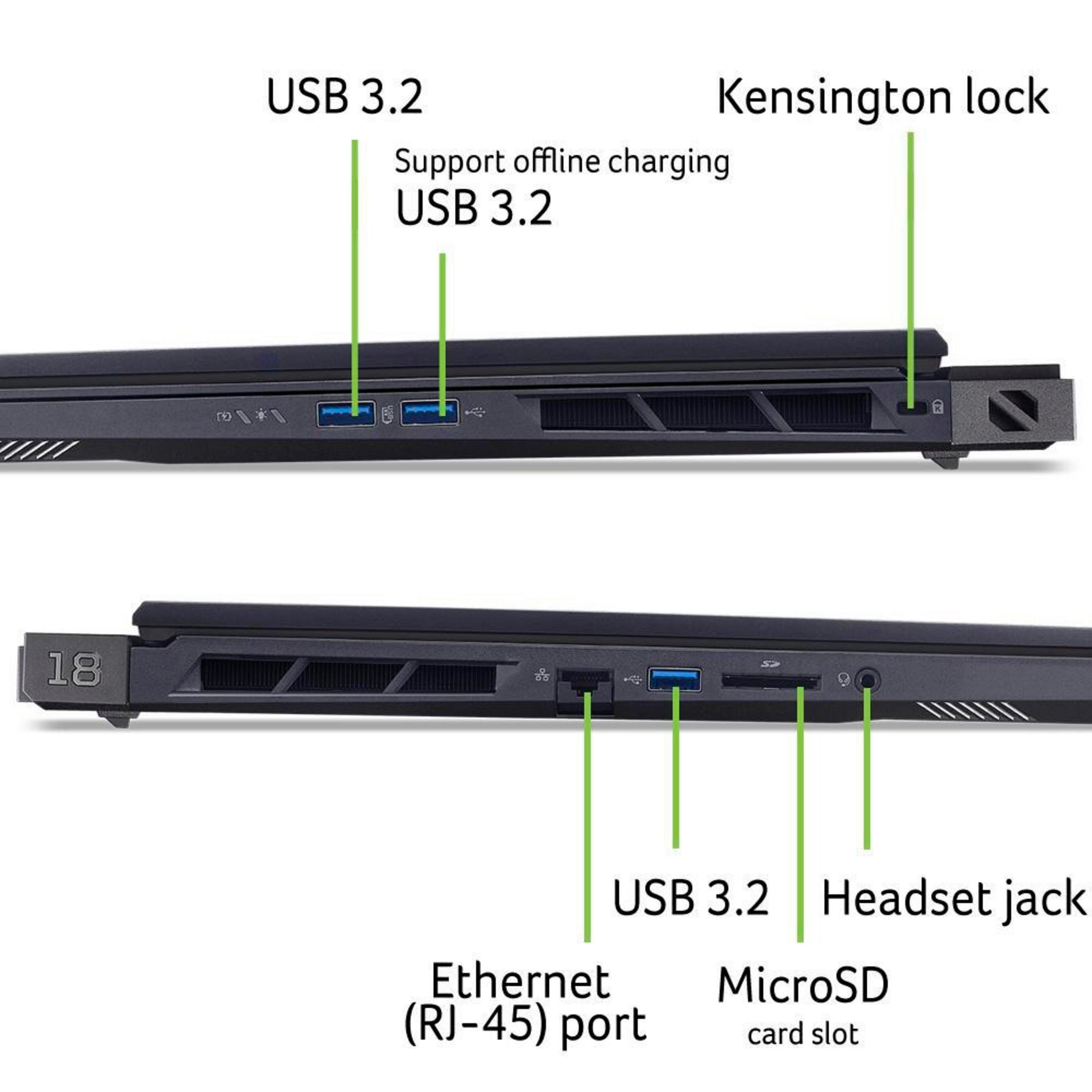 Detaillierte Ansicht der Laptop-Anschlüsse, einschließlich USB, Ethernet und Kensington-Schloss.