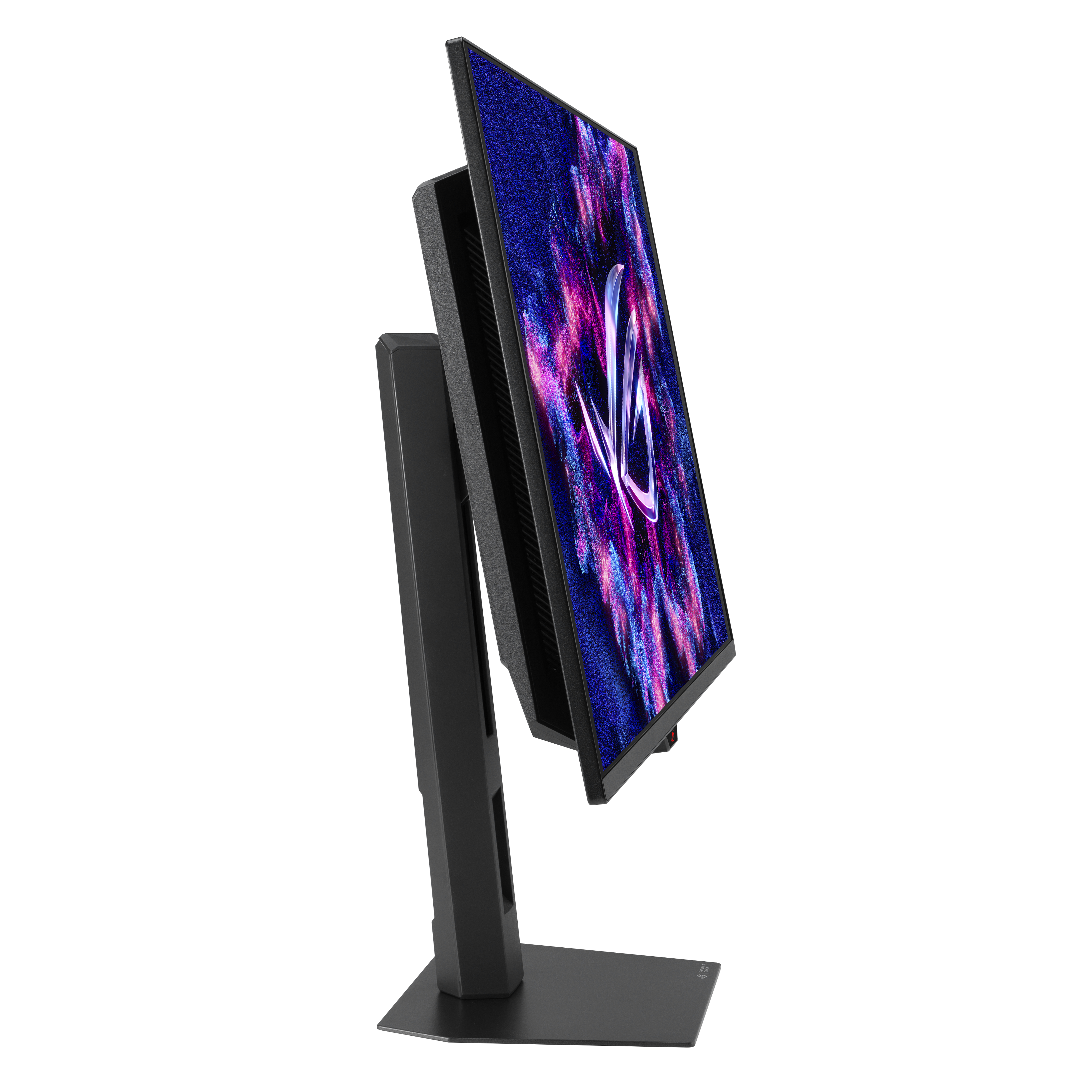 Ein Gaming-Monitor wird von der Seite gezeigt, auf einem schwarzen Ständer stehend und einen Nebelhintergrund anzeigend.