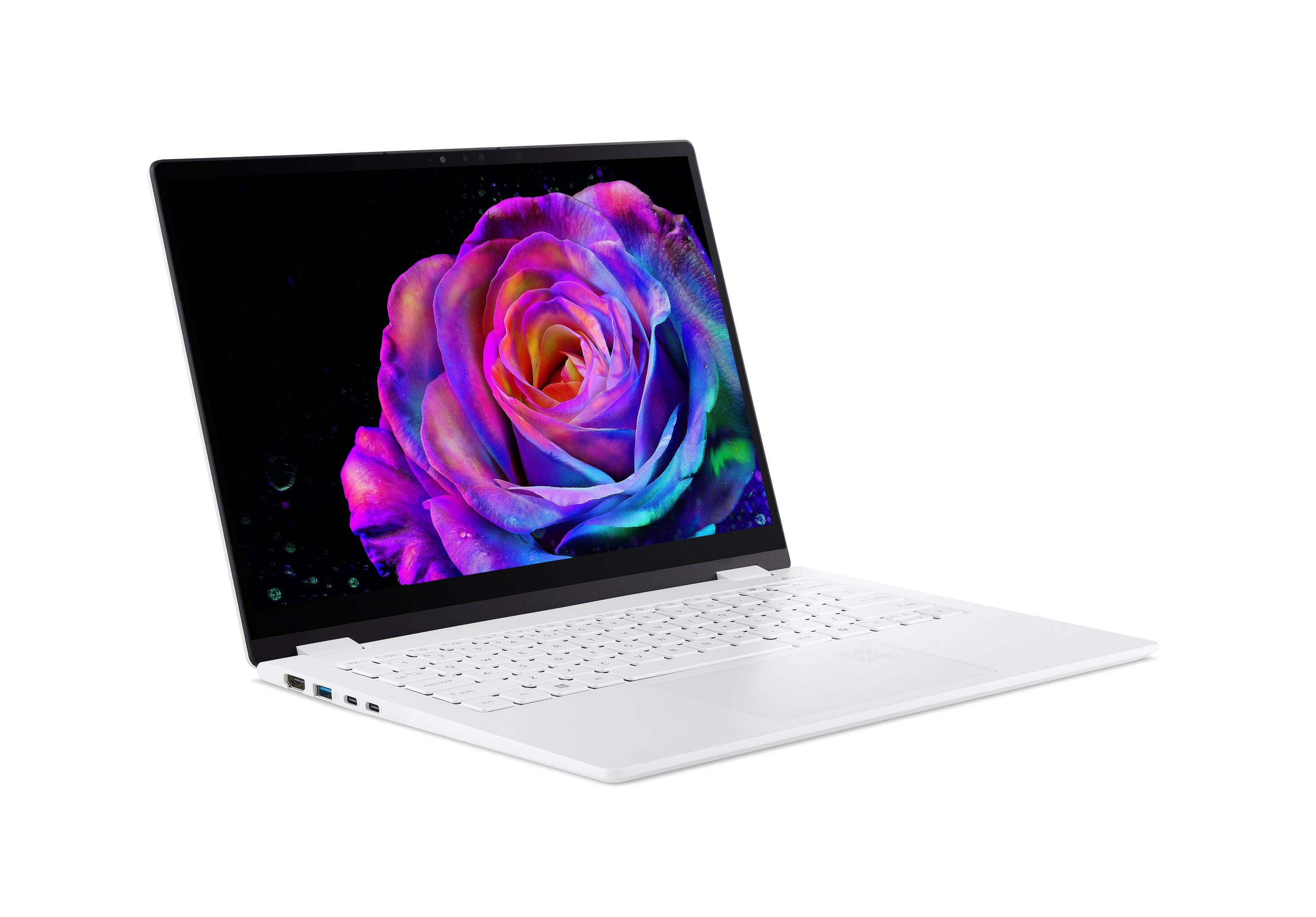 Ein weißer Laptop mit einem farbenfrohen Rosenbild auf dem Bildschirm, auf weißem Hintergrund. Der Laptop ist angewinkelt.