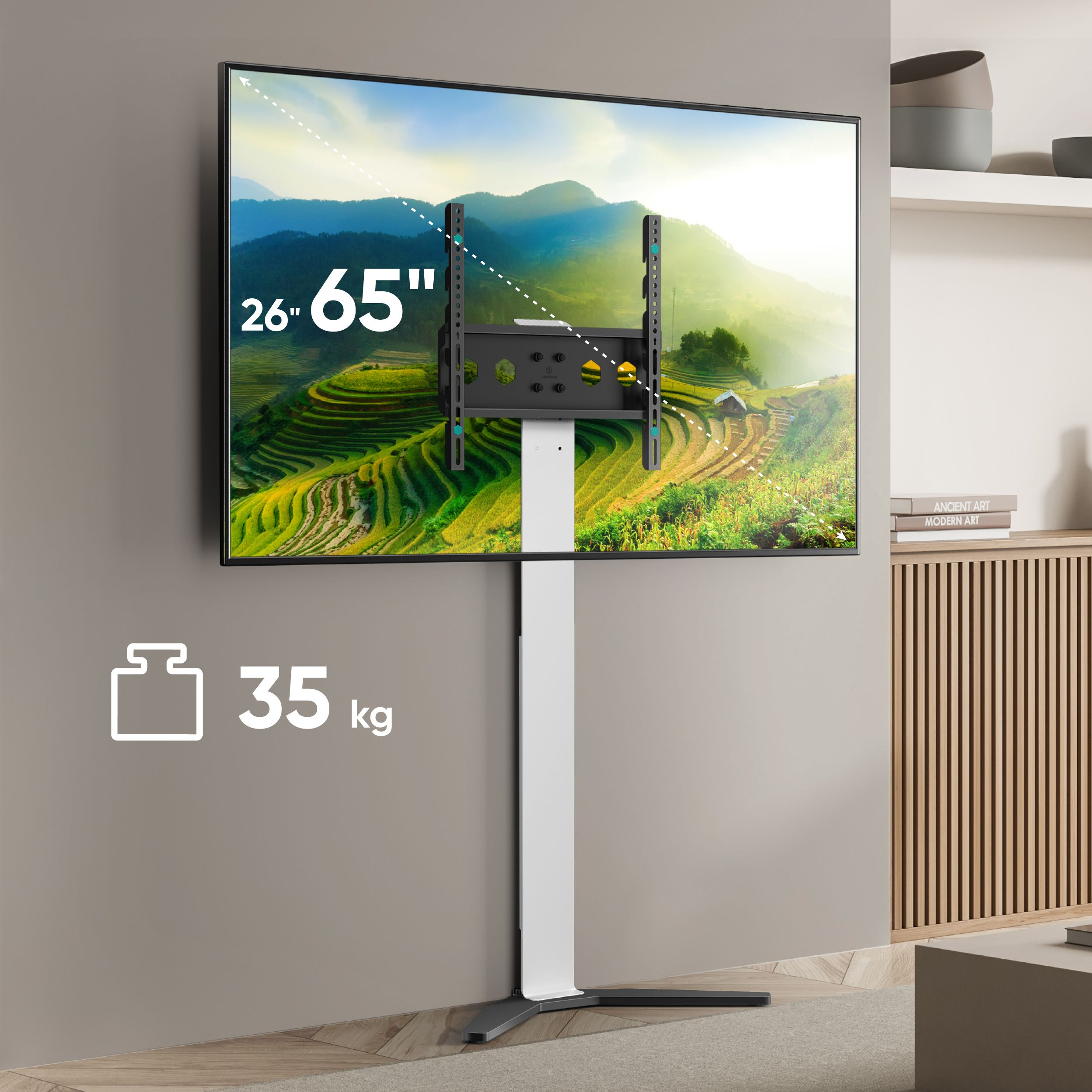 Telewizor zamontowany na stojaku. Pokazuje obraz krajobrazu. Tekst: 26-65 cali, 35 kg.
