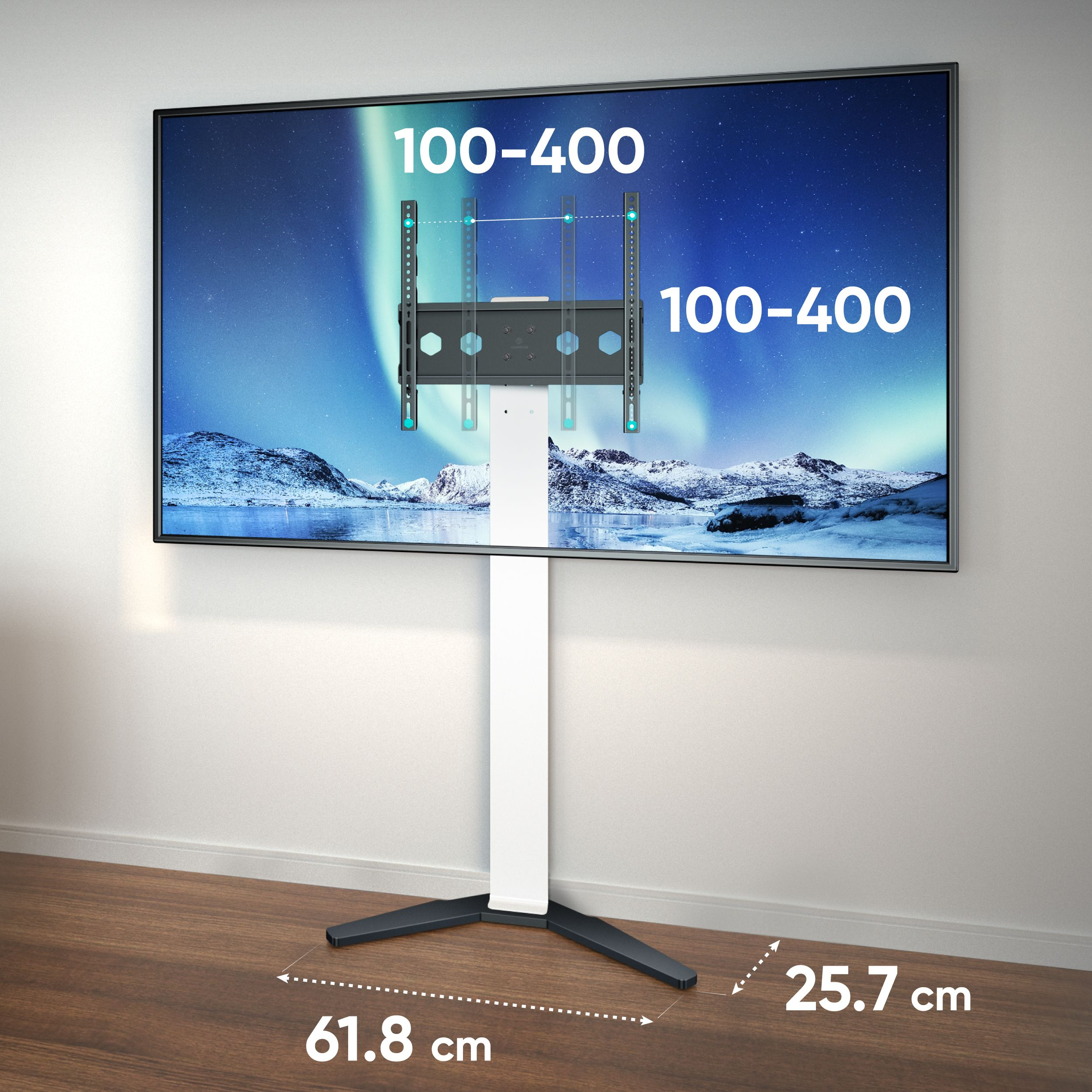 Telewizor na stojaku. Tekst: 100-400 (wsparcie), 61.8 cm (szerokość), 25.7 cm (głębokość). Tło: Zorza.