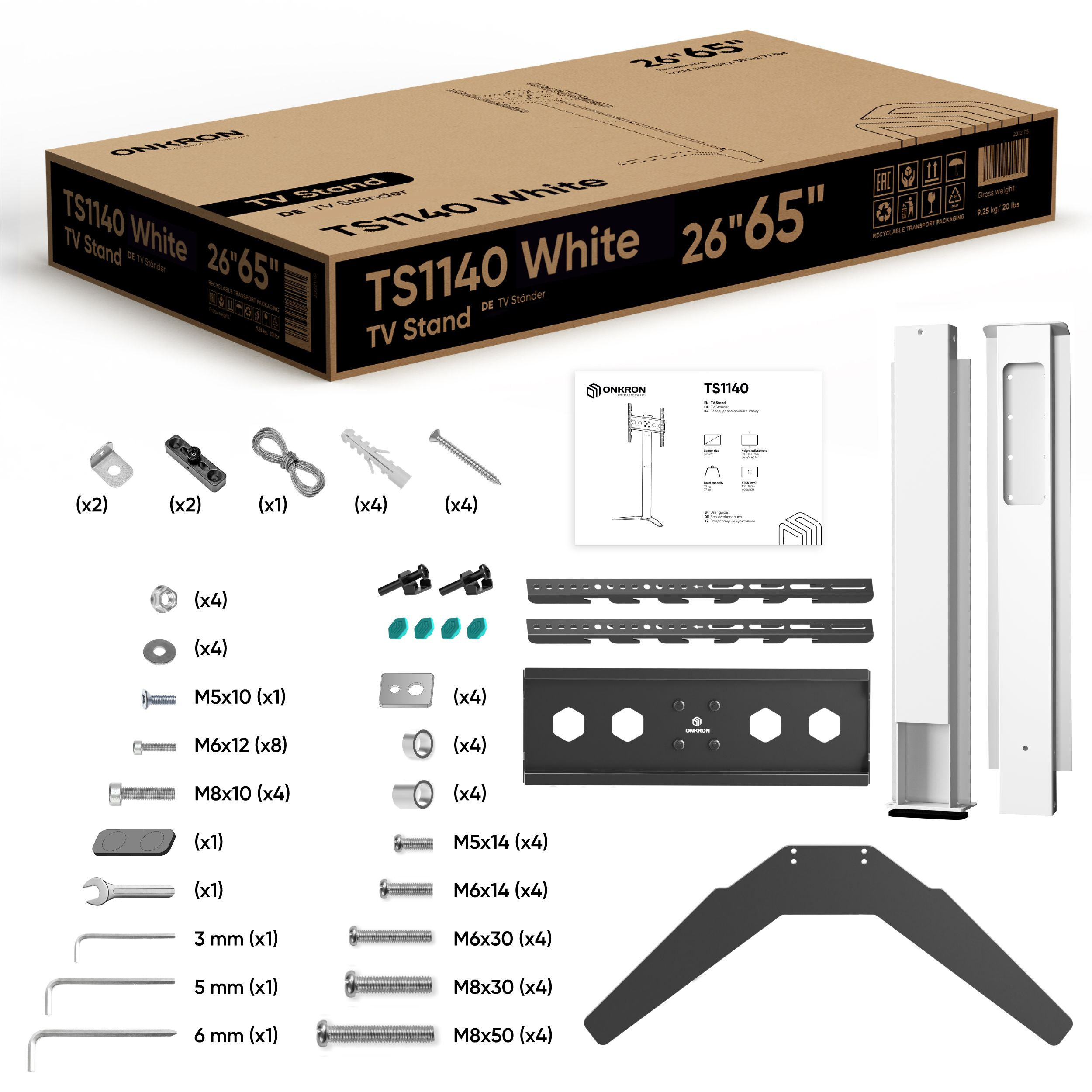 Komponenty stojaka TV w pudełku: wsporniki, śruby, narzędzia. Schemat i podstawa stojaka.
