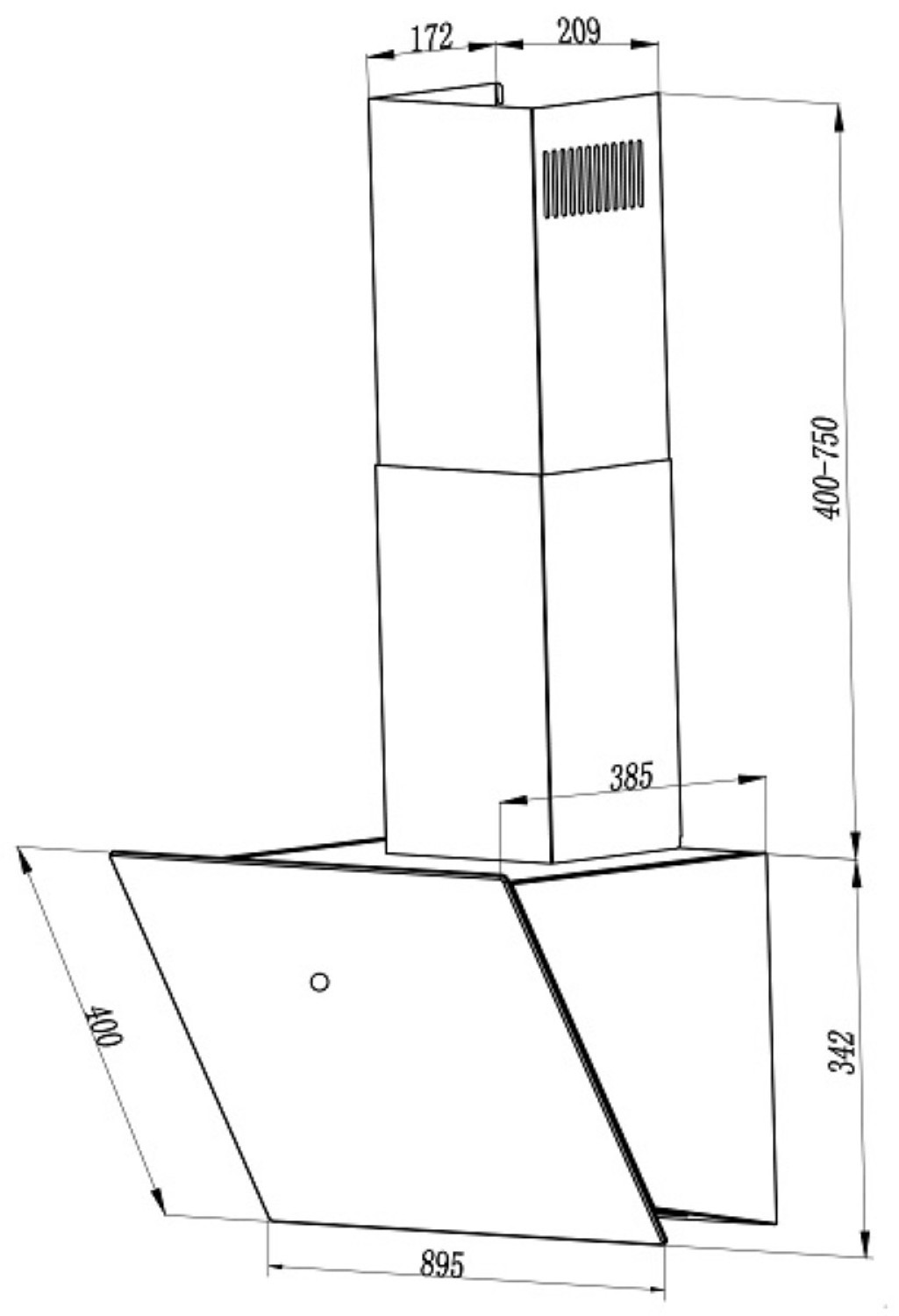 Diagramm einer Dunstabzugshaube, mit Abmessungen in mm. Weißer Hintergrund.
