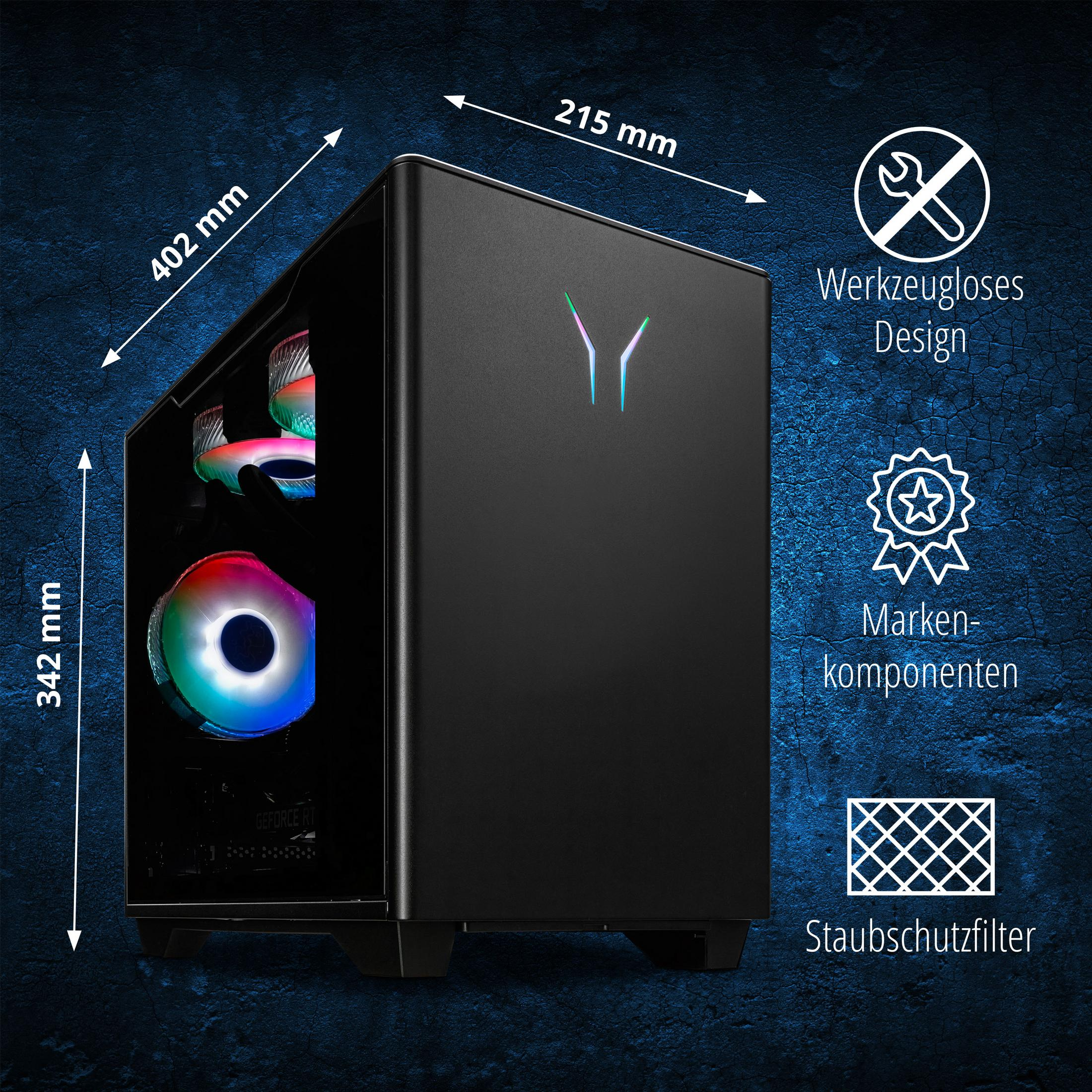 Schwarzes Computergehäuse, mit Abmessungen und Symbolen für werkzeugfreies Design, Komponenten, Staubfilter.