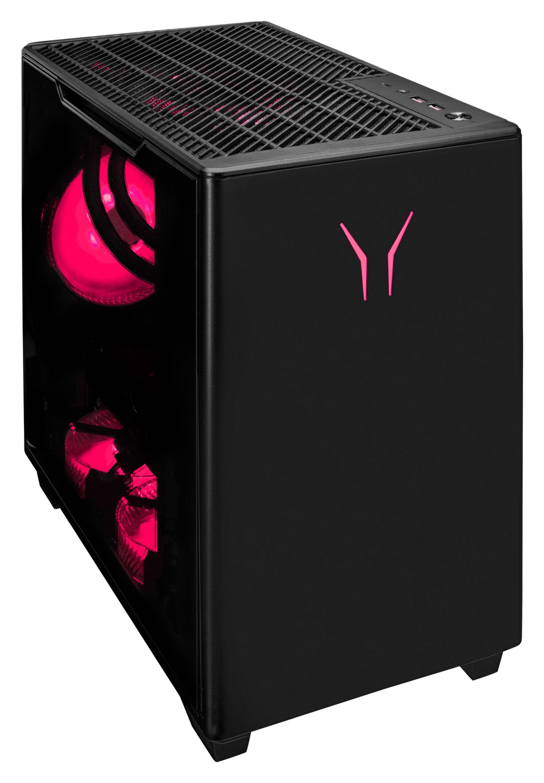 Schwarzes Computergehäuse, Winkelansicht, mit rosa Lichtern, die die Innenlüfter und Komponenten beleuchten.