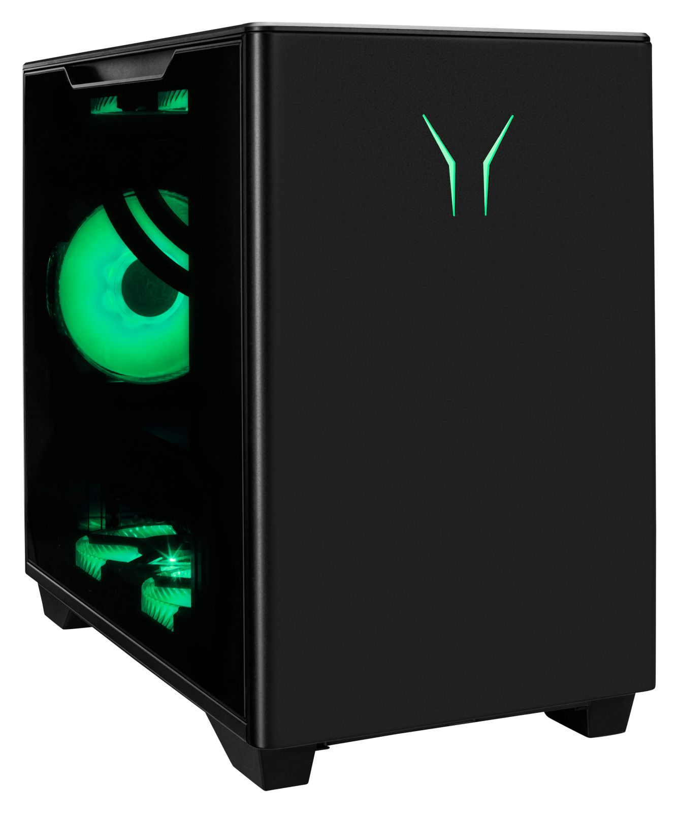 Schwarzes Computergehäuse. Winkelansicht, mit grünen Lichtern, die die Lüfter und Komponenten beleuchten.