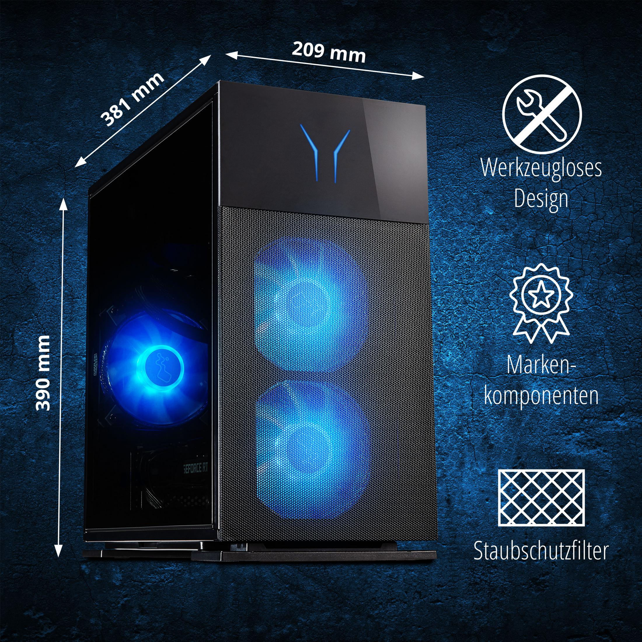 Schwarzes PC-Gehäuse mit blauen Lichtern und Abmessungen. Es hat ein Logo und Funktionssymbole.