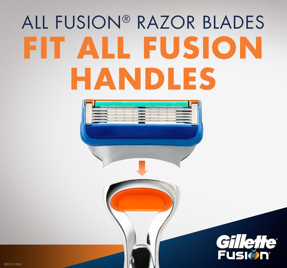 Gillette Fusion Rasierklingenpatrone mit blauem und silbernem Griff. Text: 'Alle Fusion Rasierklingen passen auf alle Fusion Griffe.'