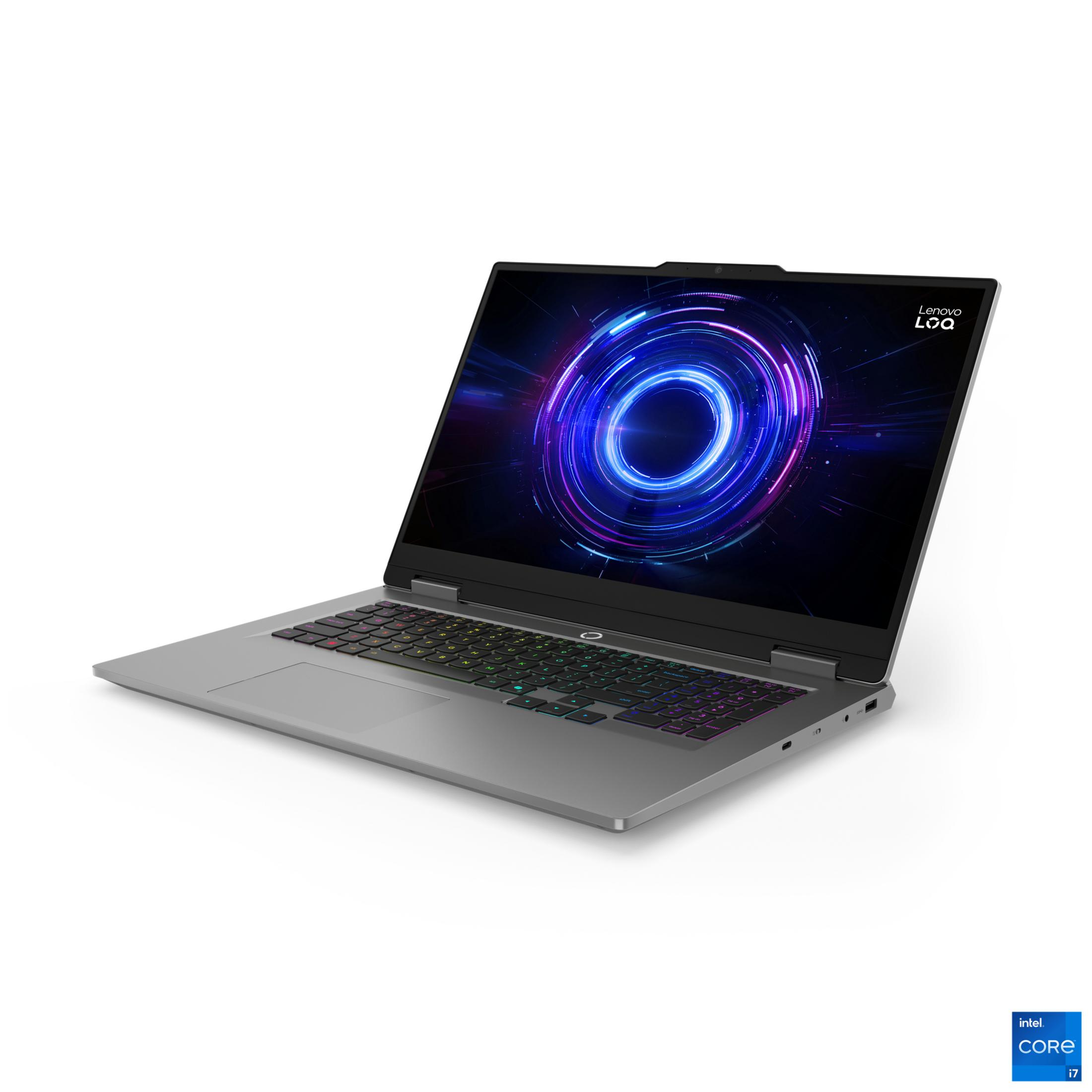 Ein silberner Lenovo-Laptop mit lebendigem Bildschirm und beleuchteter Regenbogen-Tastatur, halb geöffnet.