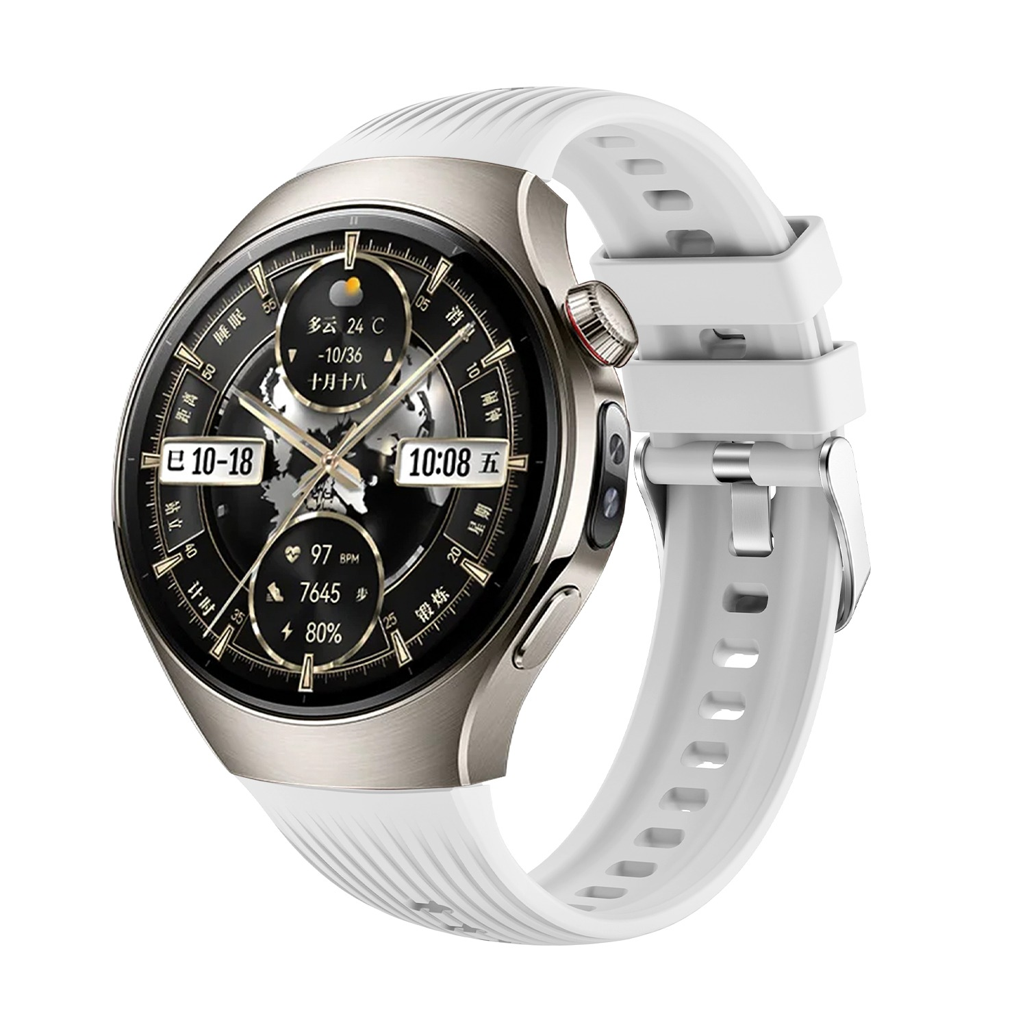 Uno smartwatch argentato con cinturino bianco, che mostra ora e dati sanitari.