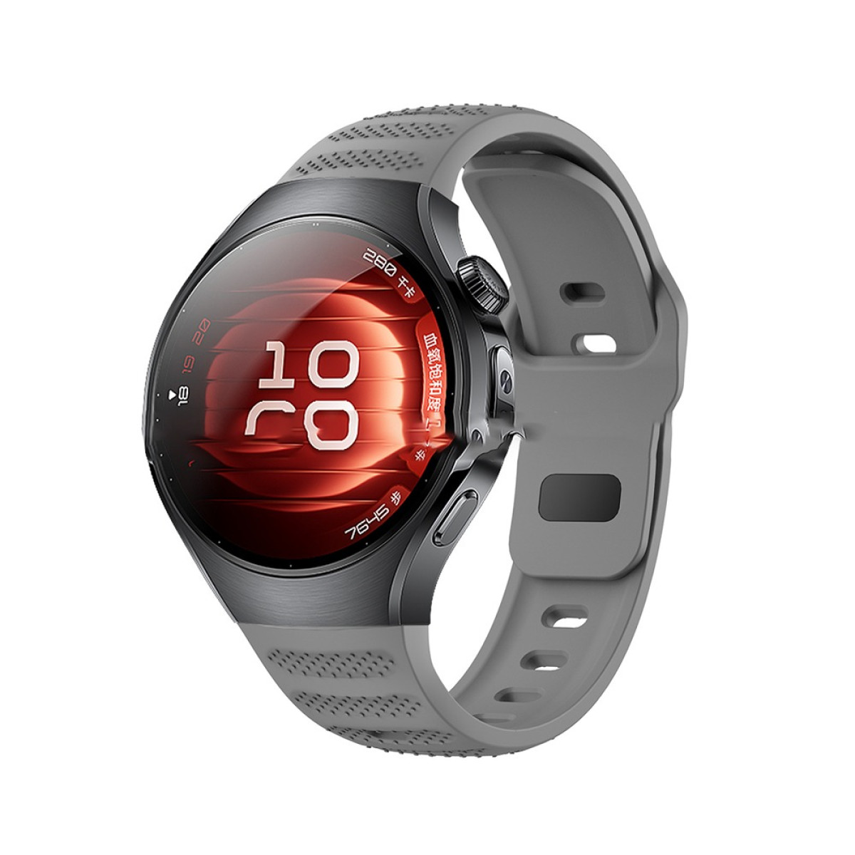Uno smartwatch con cinturino grigio, che mostra un'interfaccia rossa con ora e dati sanitari.