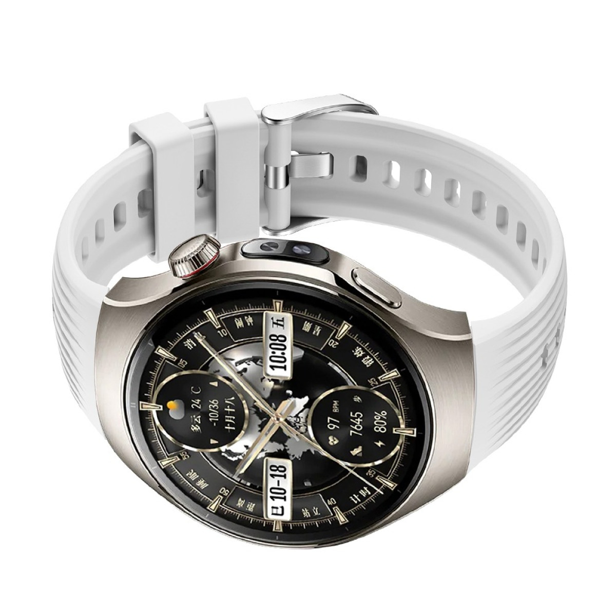 Uno smartwatch argentato con cinturino bianco, che mostra ora e dati sanitari.