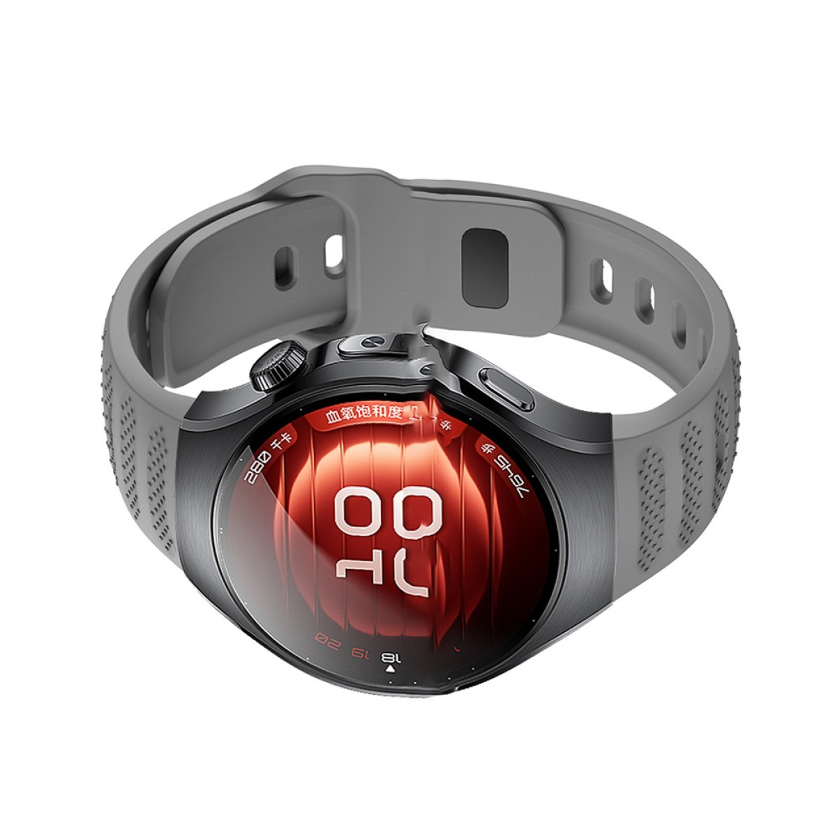 Un cinturino grigio, progettato per uno smartwatch, con fibbia e punti di attacco.