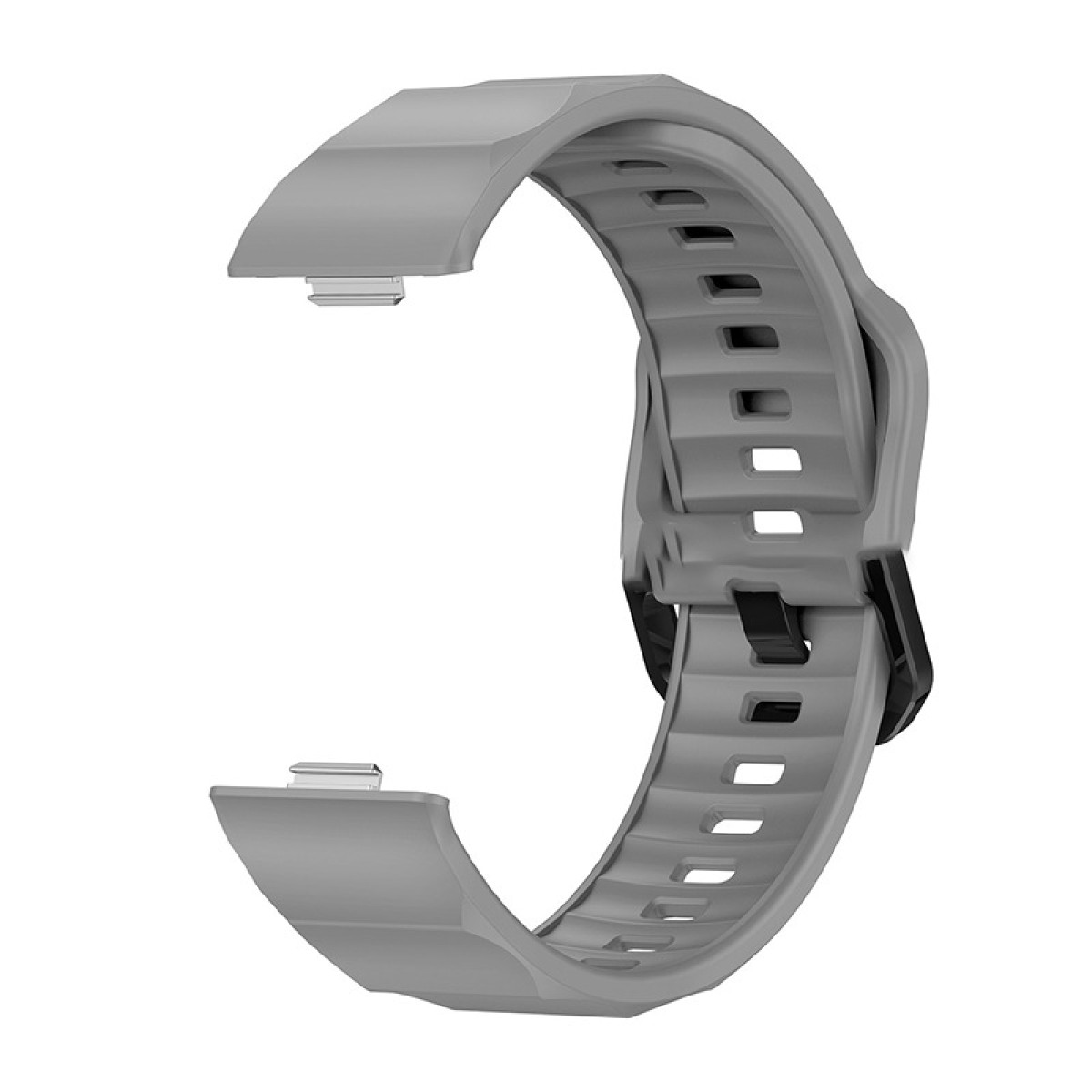 Un cinturino grigio, progettato per uno smartwatch, con fibbia e punti di attacco.