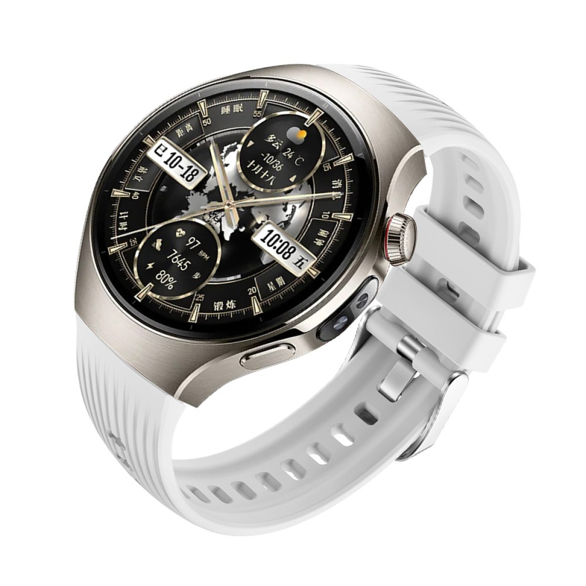 Uno smartwatch argentato con cinturino bianco, che mostra ora e dati sanitari.