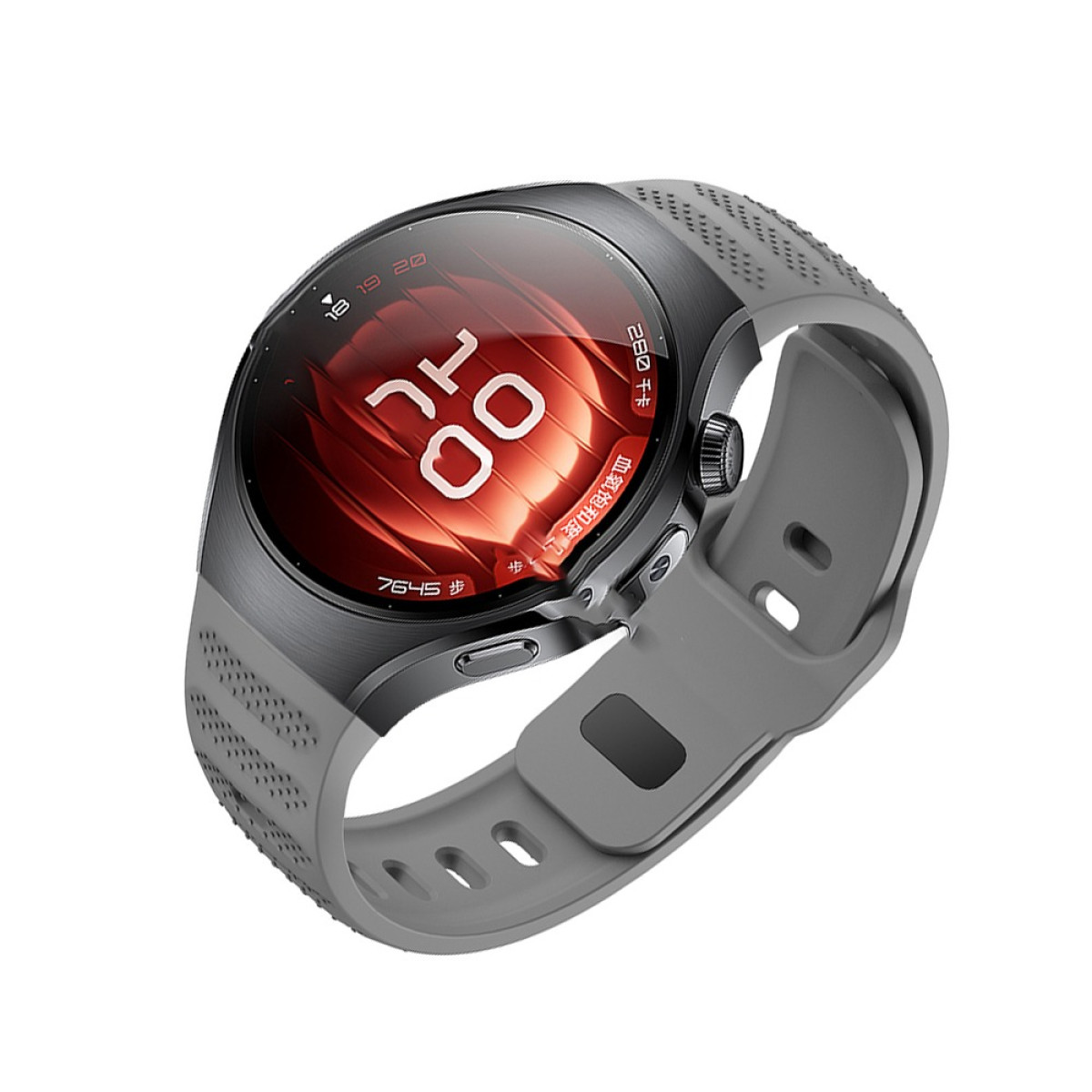 Uno smartwatch con interfaccia rossa su cinturino grigio, che mostra ora e dati.